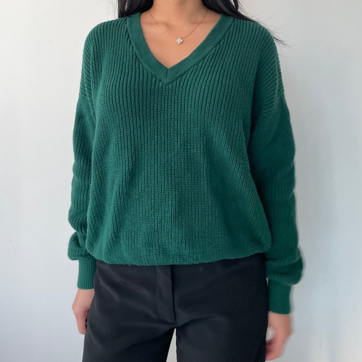 TNA Forest Green V-Neck Chunky Ribbed Knit Jumper - Medium