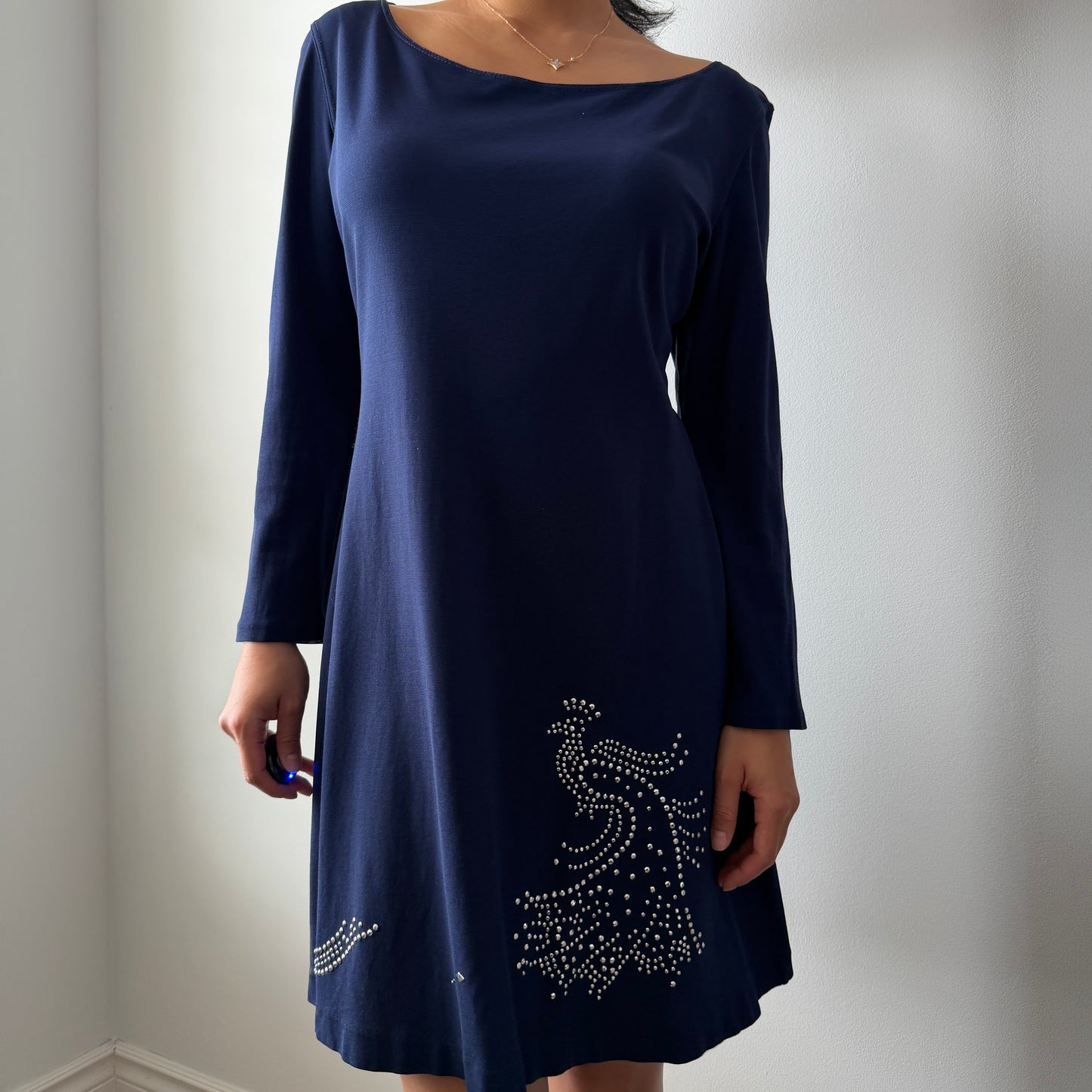 1990s Ritmo di Perla Midnight Blue Embellished Long Sleeve Dress - Medium
