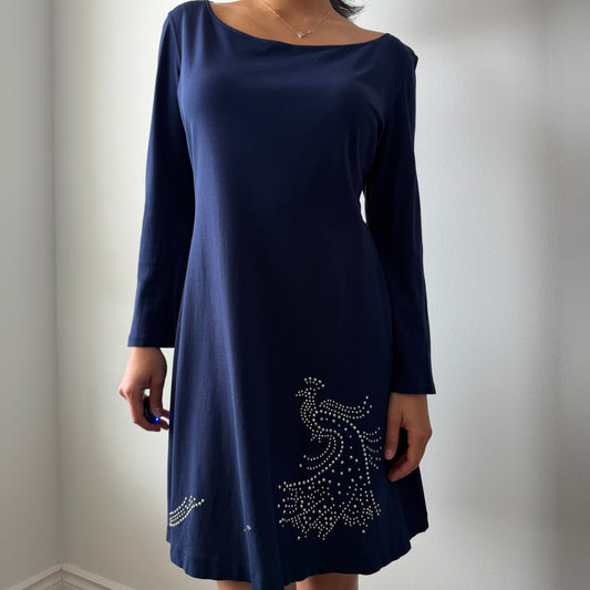 1990s Ritmo di Perla Midnight Blue Embellished Long Sleeve Dress - Medium