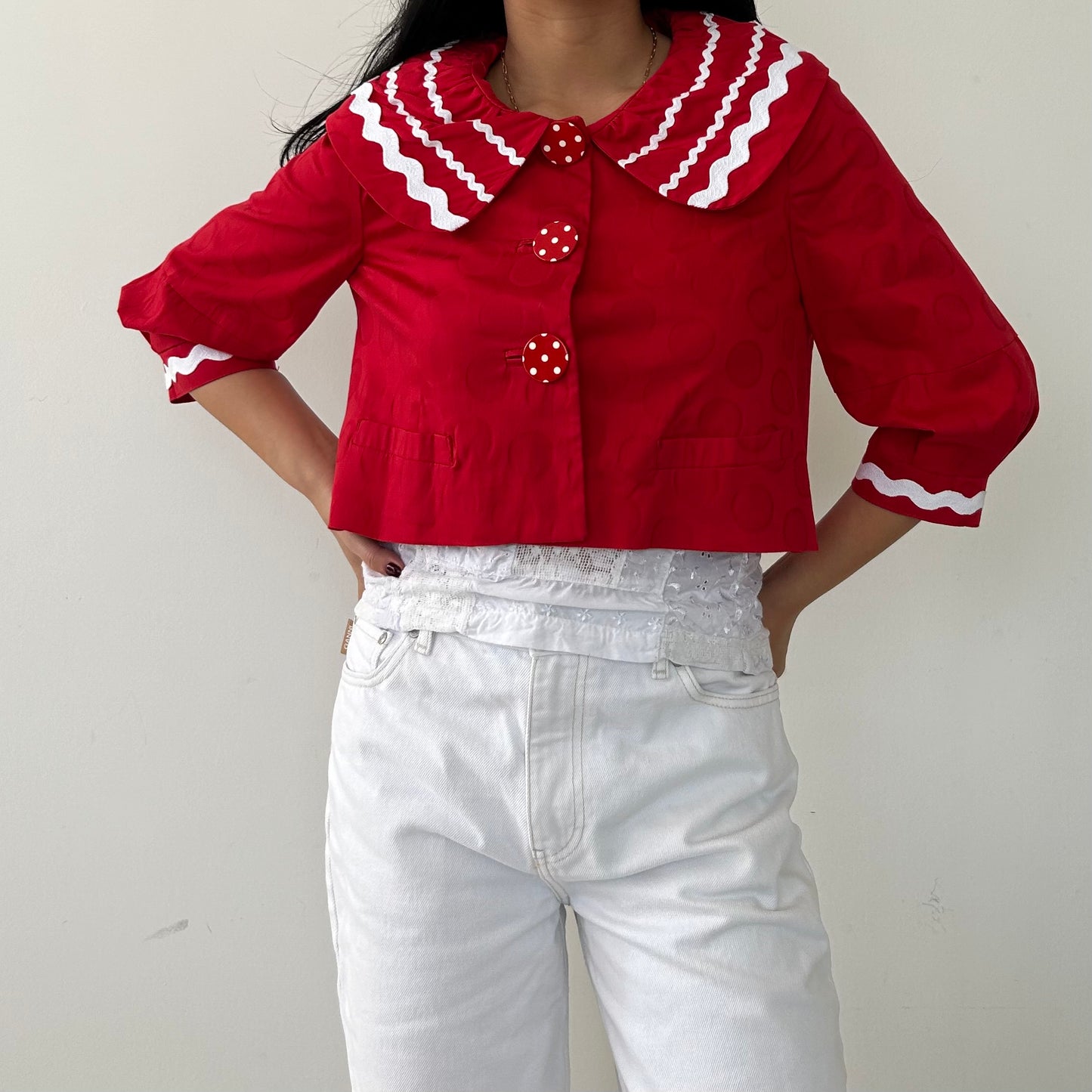 Moschino Jeans Peter Pan Collar Red Cropped Jacket - Small