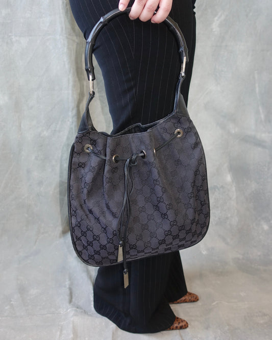 Vintage 90s Gucci Black GG Canvas Bamboo Drawstring Shoulder Bag