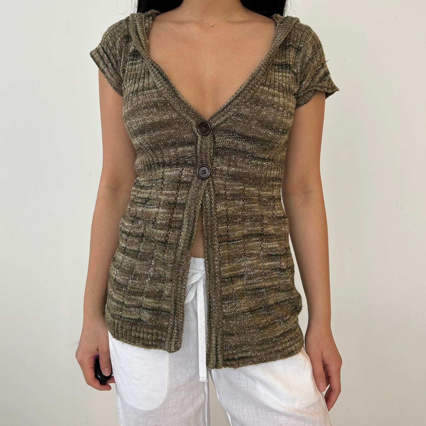 Green Short Sleeve Knit Cardigan with Hood - Small