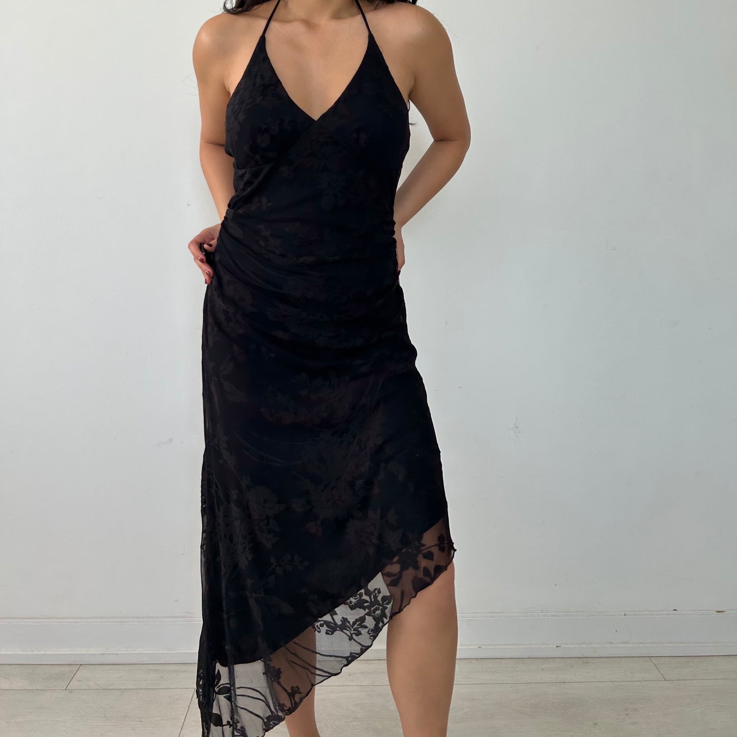 Vintage Deadstock Le Château Asymmetrical Hem Black Halter Lace Dress - Medium