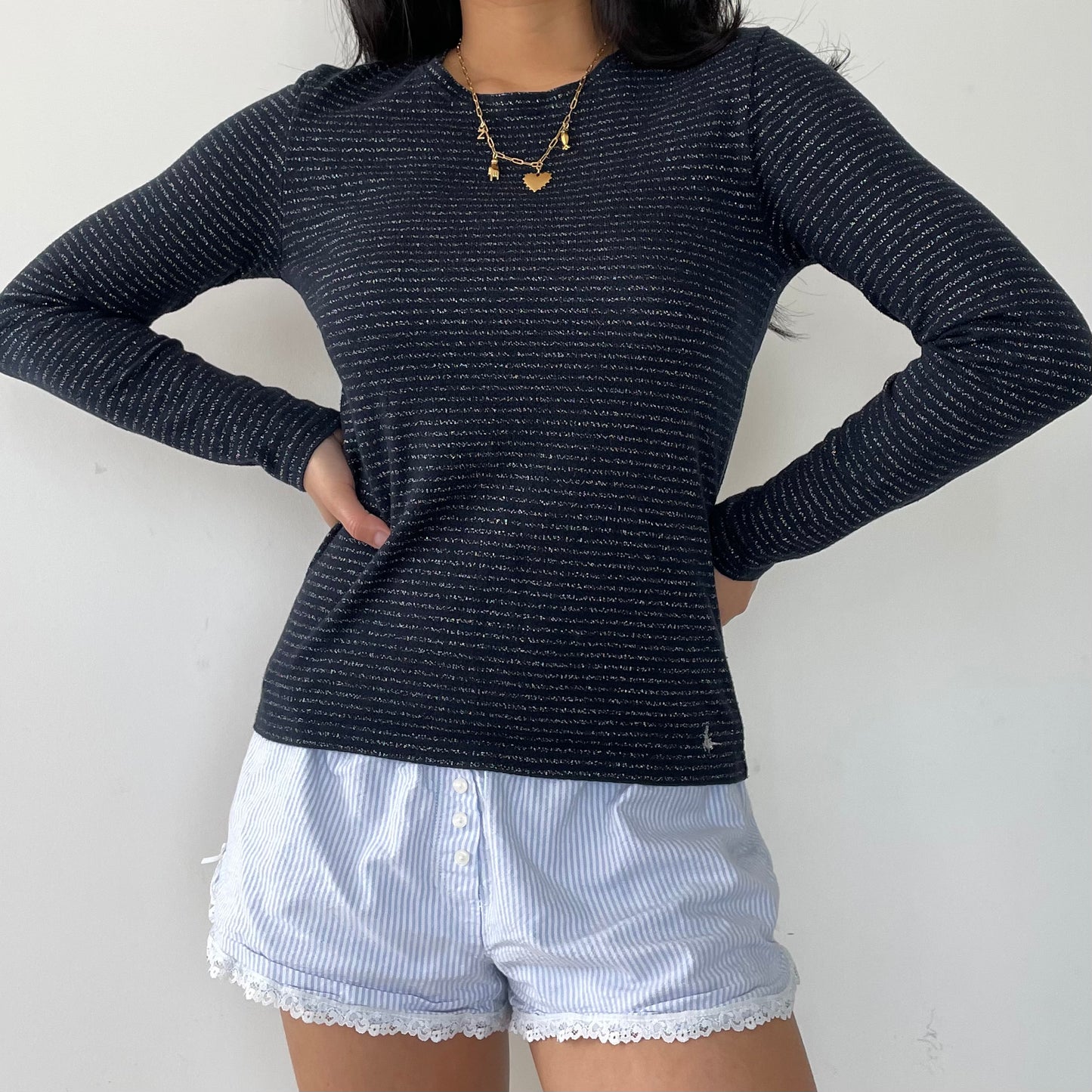 Jack Wills Navy and Silver Metallic Striped Long Sleeve Top - Small