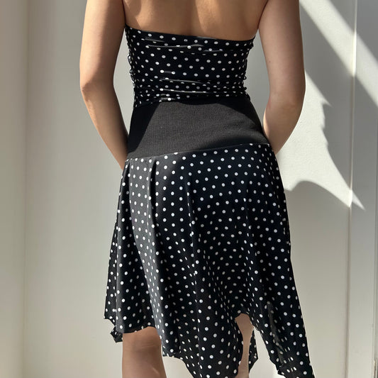 Vintage 90s Black and White Polka Dot Halter Handkerchief Dress - Small