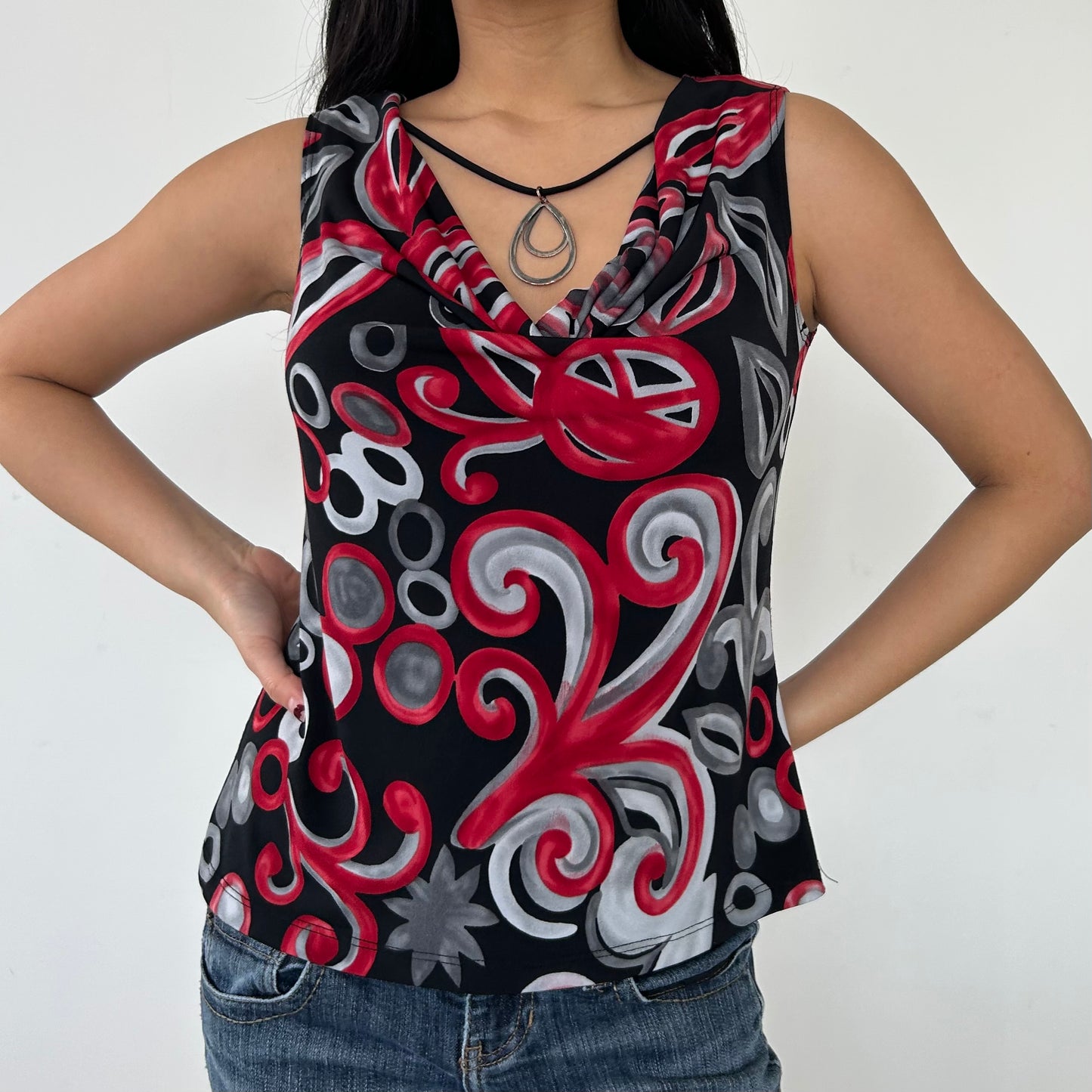 Vintage 90s Abstract Print Cowl Neck Top with Built-In Necklace - Medium