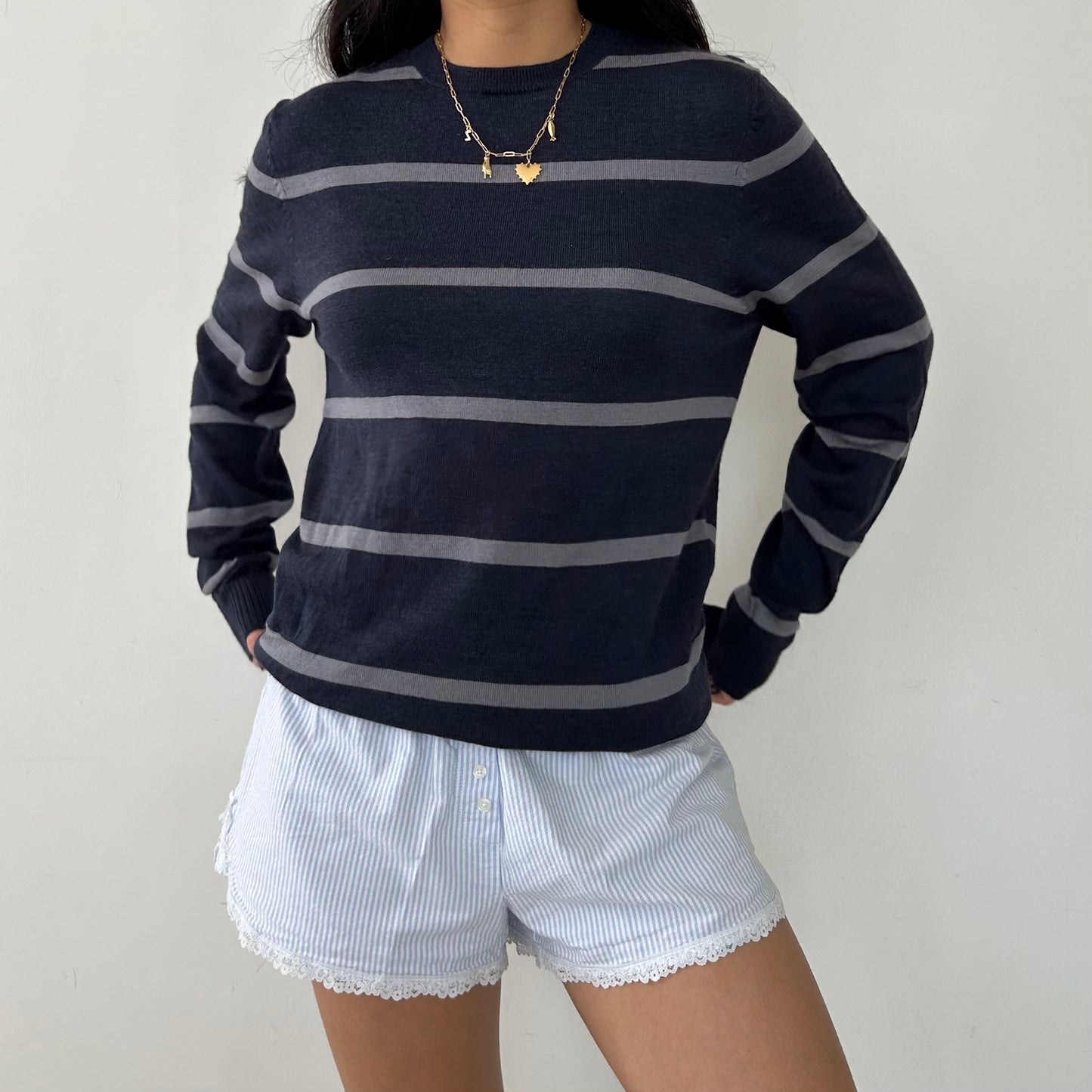 Blue Striped Merino Wool Crewneck Knit Jumper - Small