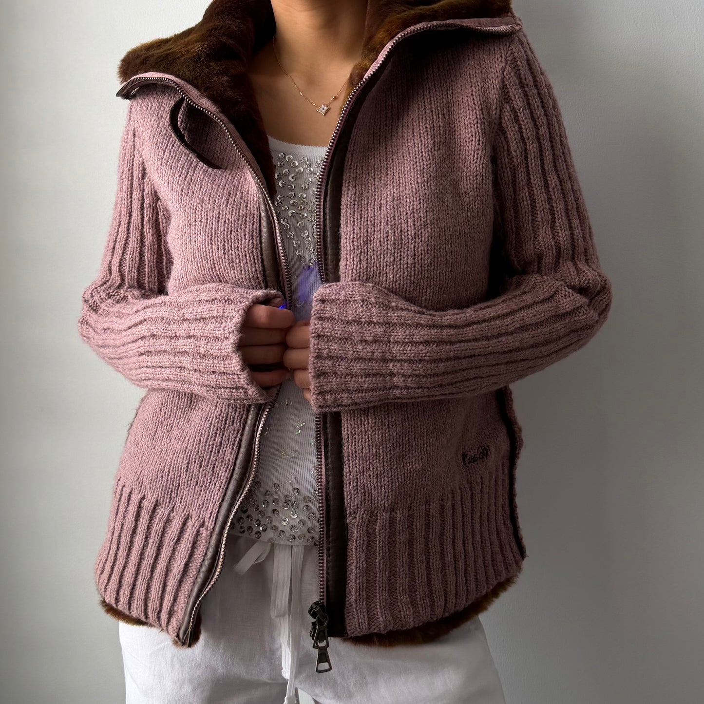 Miss Sixty Pink Wool Knit Faux Fur Trim Jacket - Large