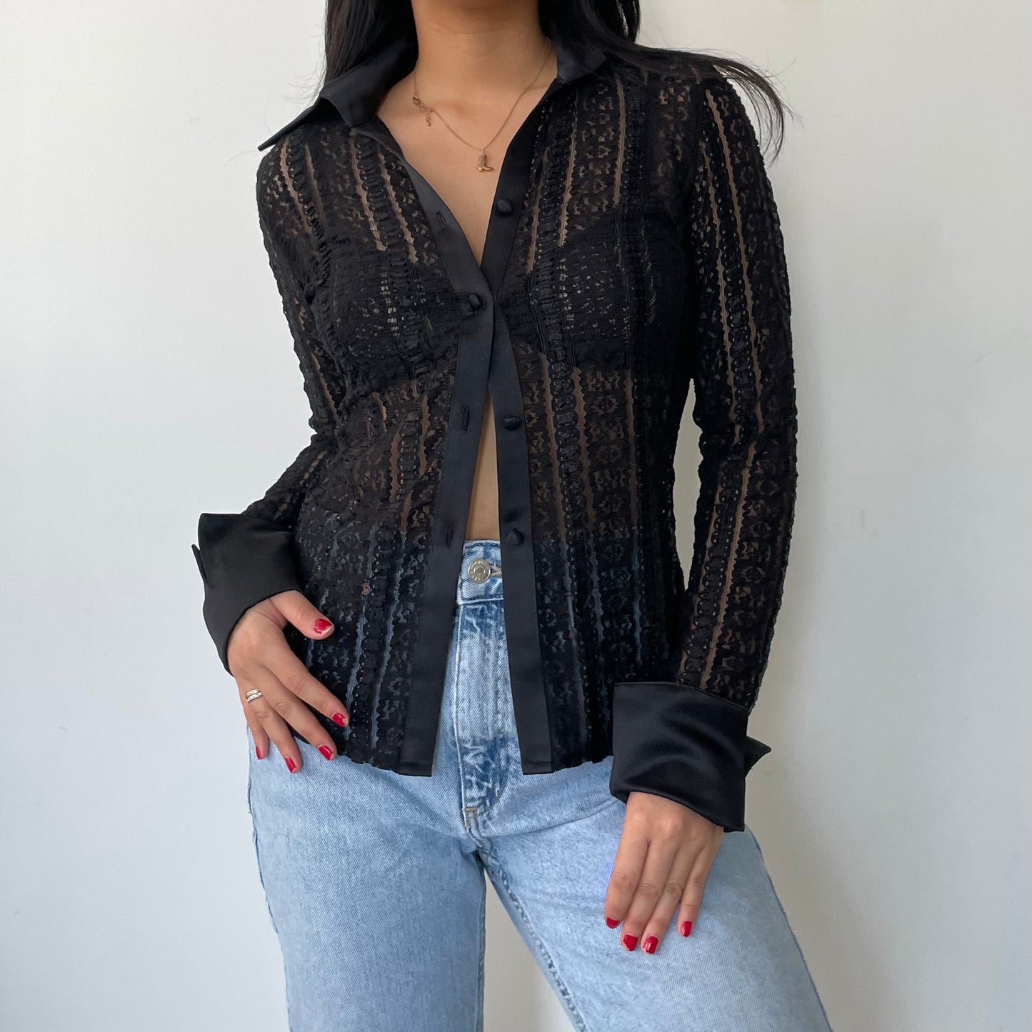 Black Sheer Lace Long Sleeve Button Up Blouse - X-Small