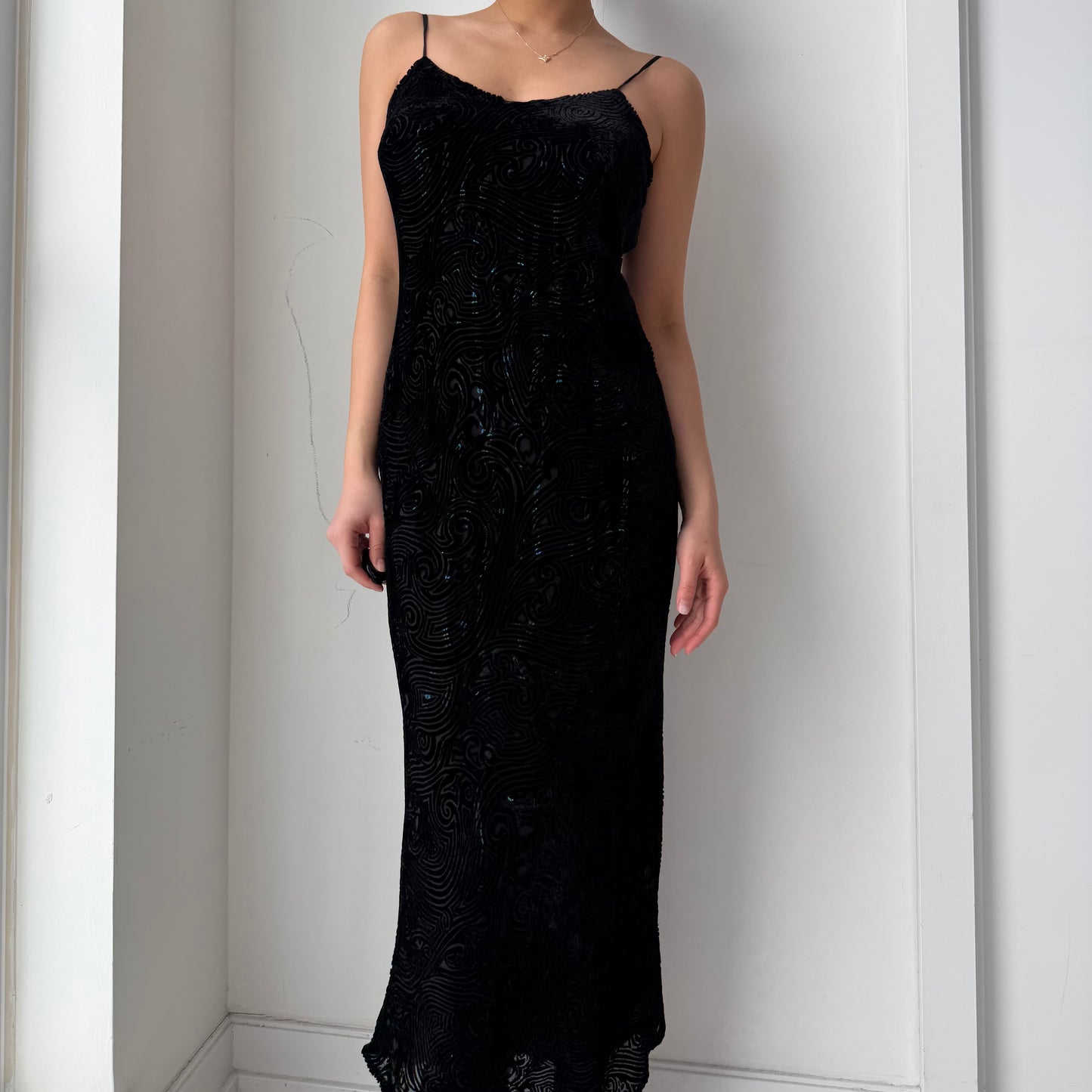 Vintage 90s Whistles Black Silk Burnout Velvet Dress - Small