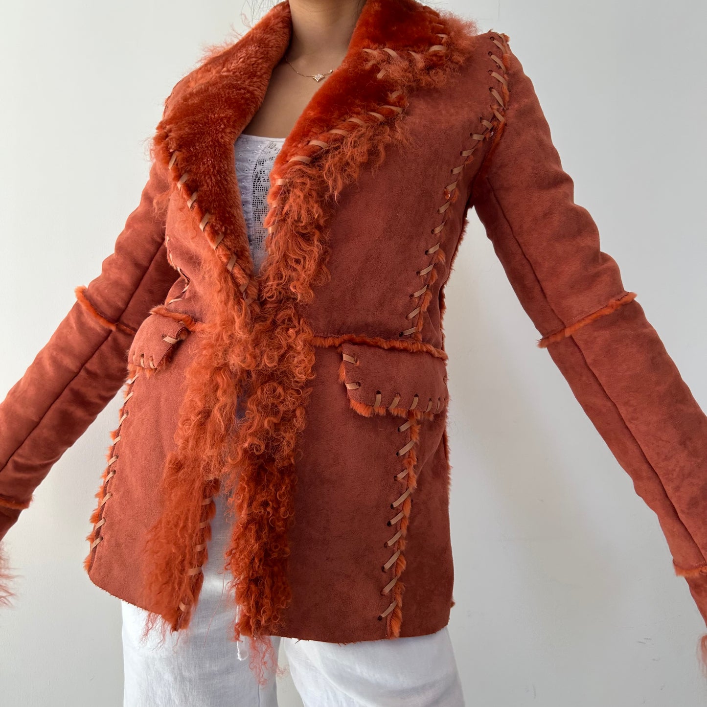 Rust Faux-Shearling Jacket with Mongolian Fur Trim - X-Small/Small