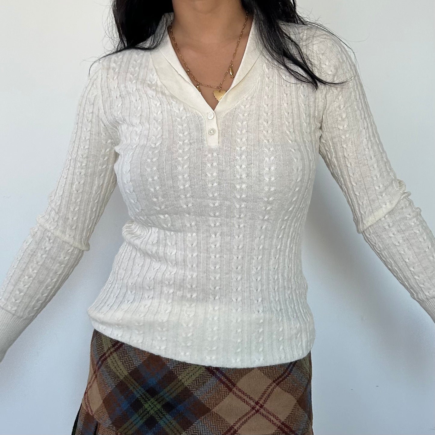 Cream Cable Knit Long Sleeve Top - Medium