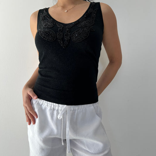 Le Château Black Beaded Sleeveless Knit Top - X-Small
