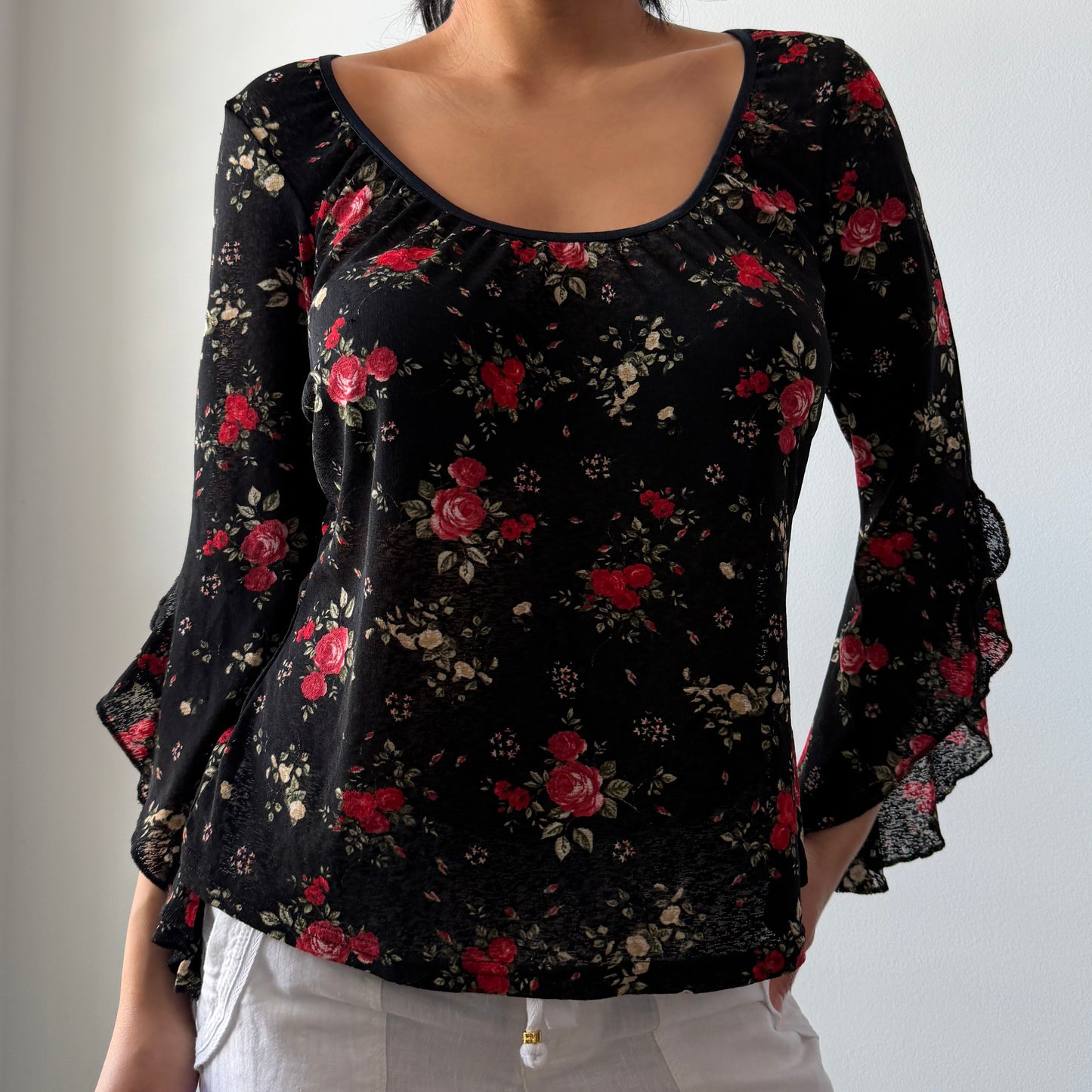 Per Una Black Floral Bell-Sleeve Blouse - Large