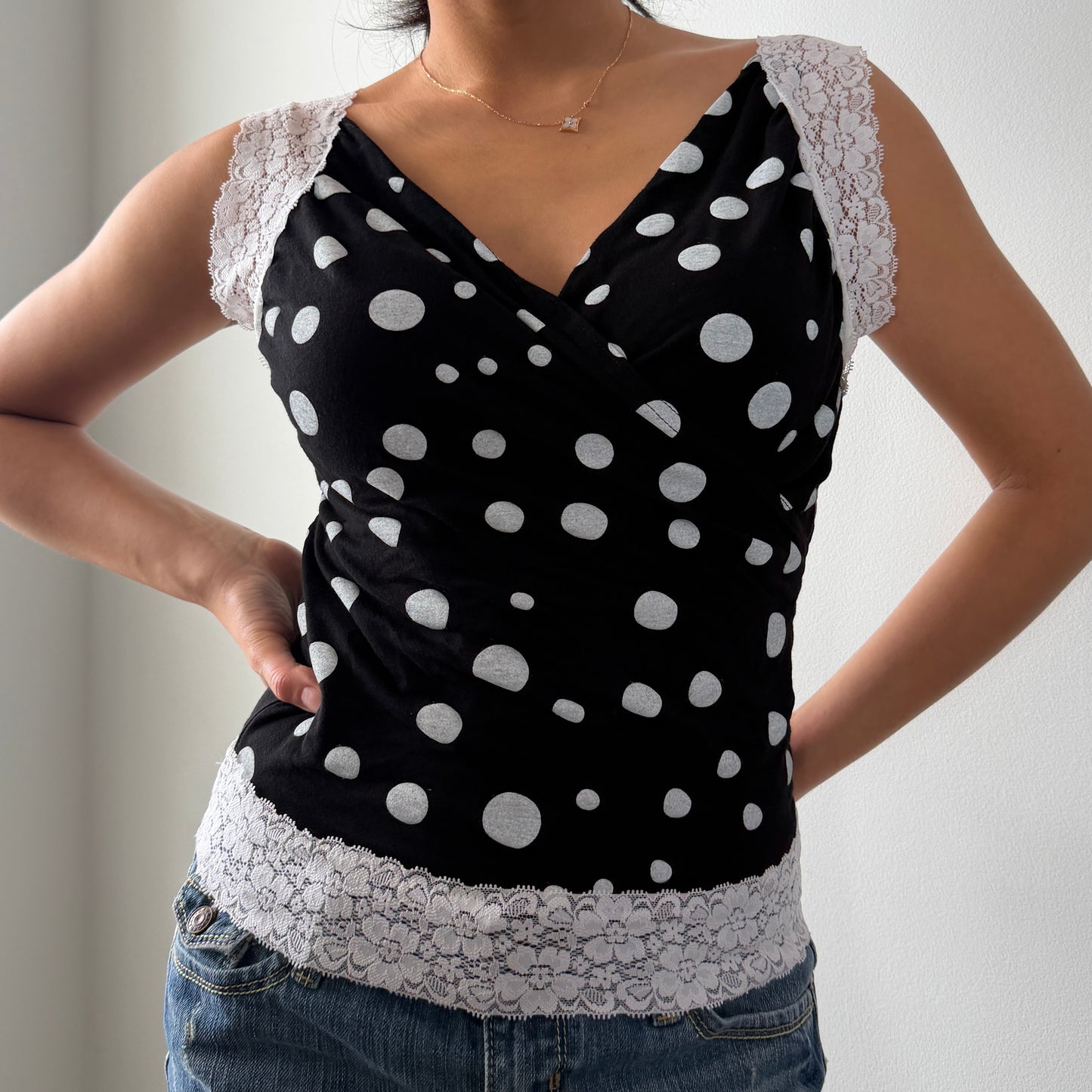French Brand Black Polka-Dot Lace-Trim Top - Small