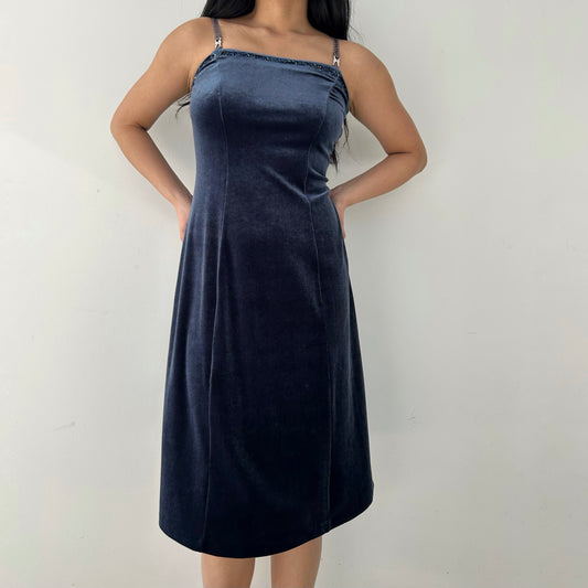 Blue Velvet Midi Dress with Embroidered Straps - X-Small