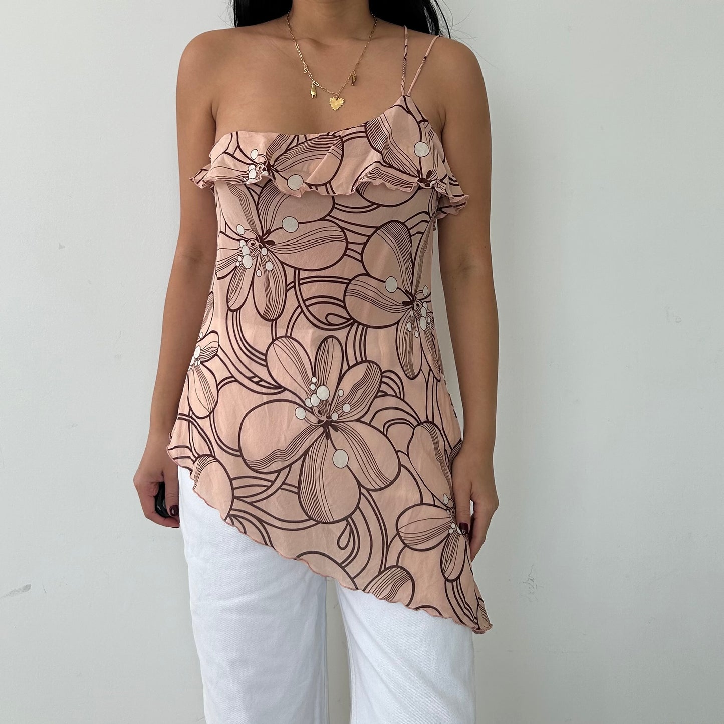 Trina Turk Pink Floral One Shoulder Asymmetrical Silk Top - Medium