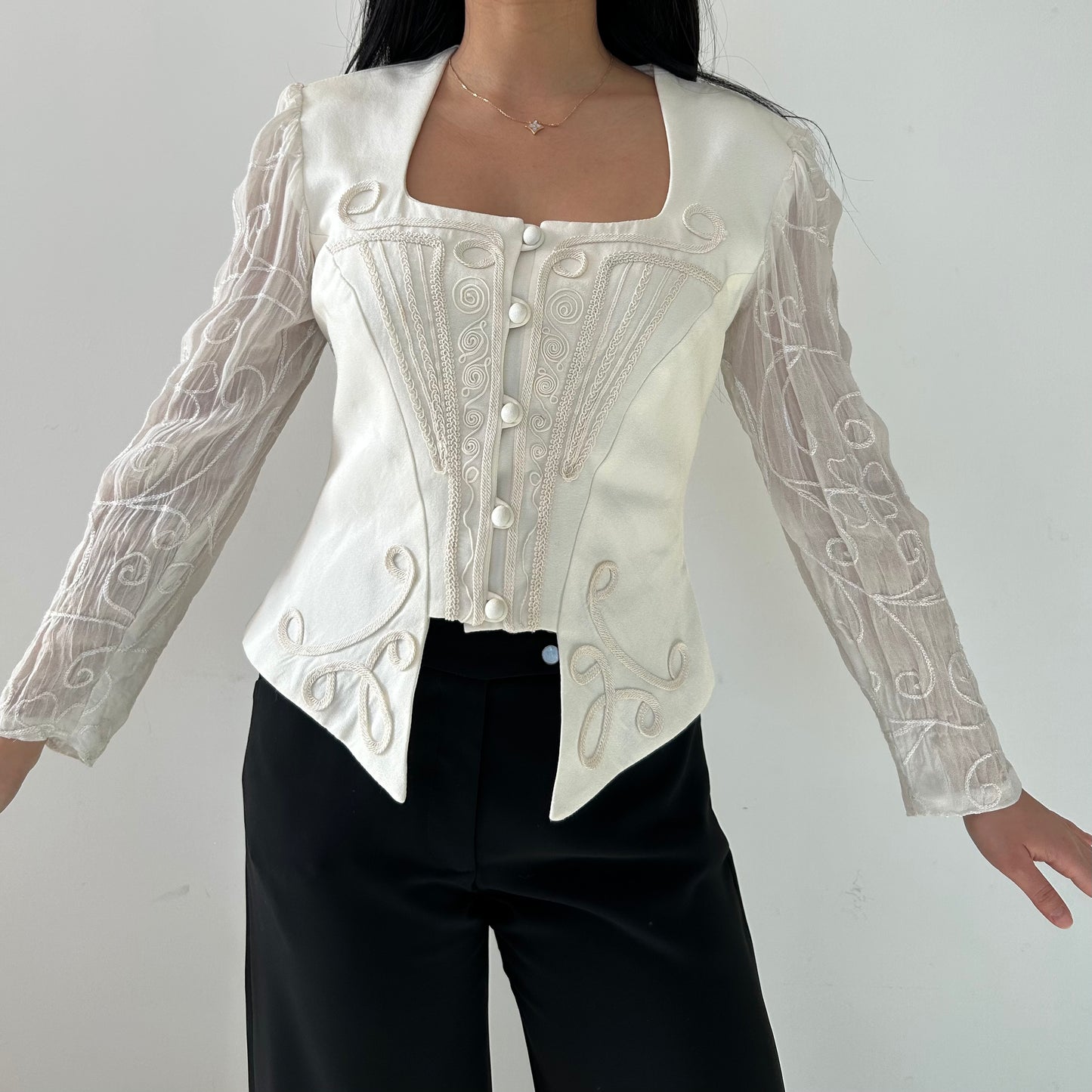 Vintage Made in Canada Cream Embroidered Blouse with Sheer Sleeves - Small