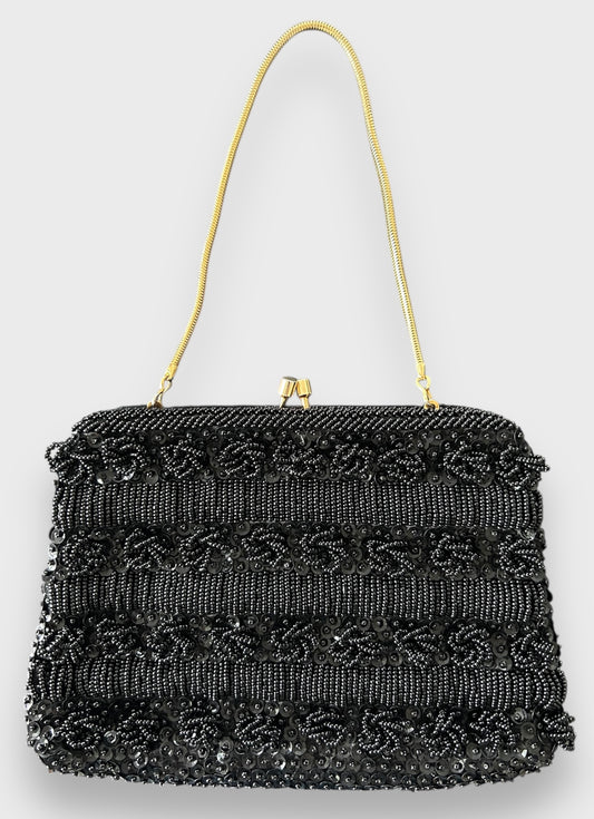 1960s Black Beaded Kiss Lock Evening Bag