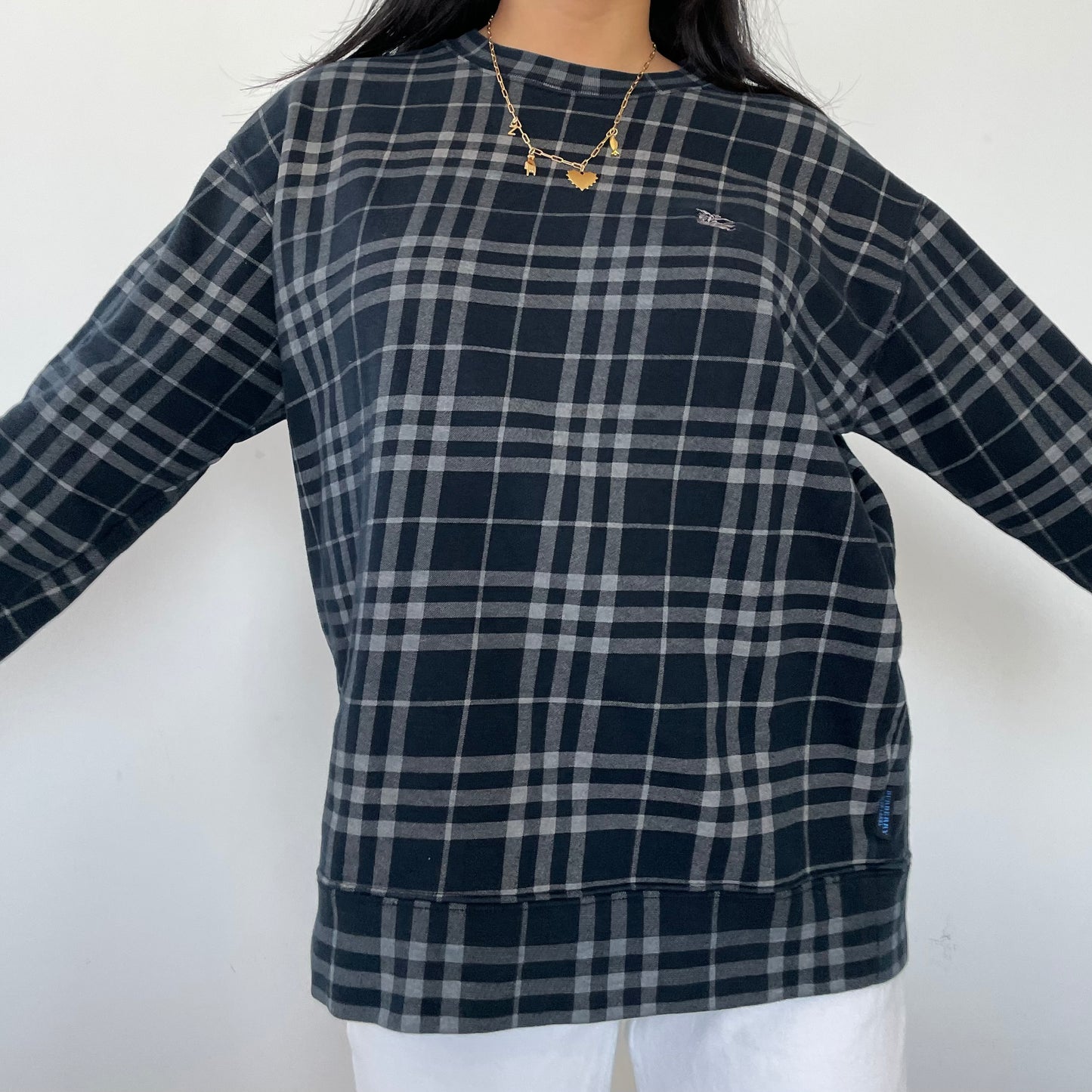 Burberry Navy Blue Nova Check Crewneck Sweatshirt - Large