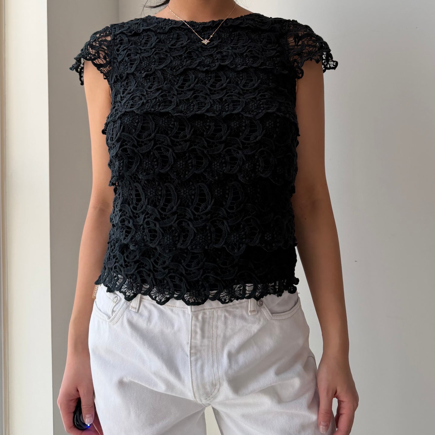 See by Chloé Black Guipure Lace Cap-Sleeve Top - X-Small