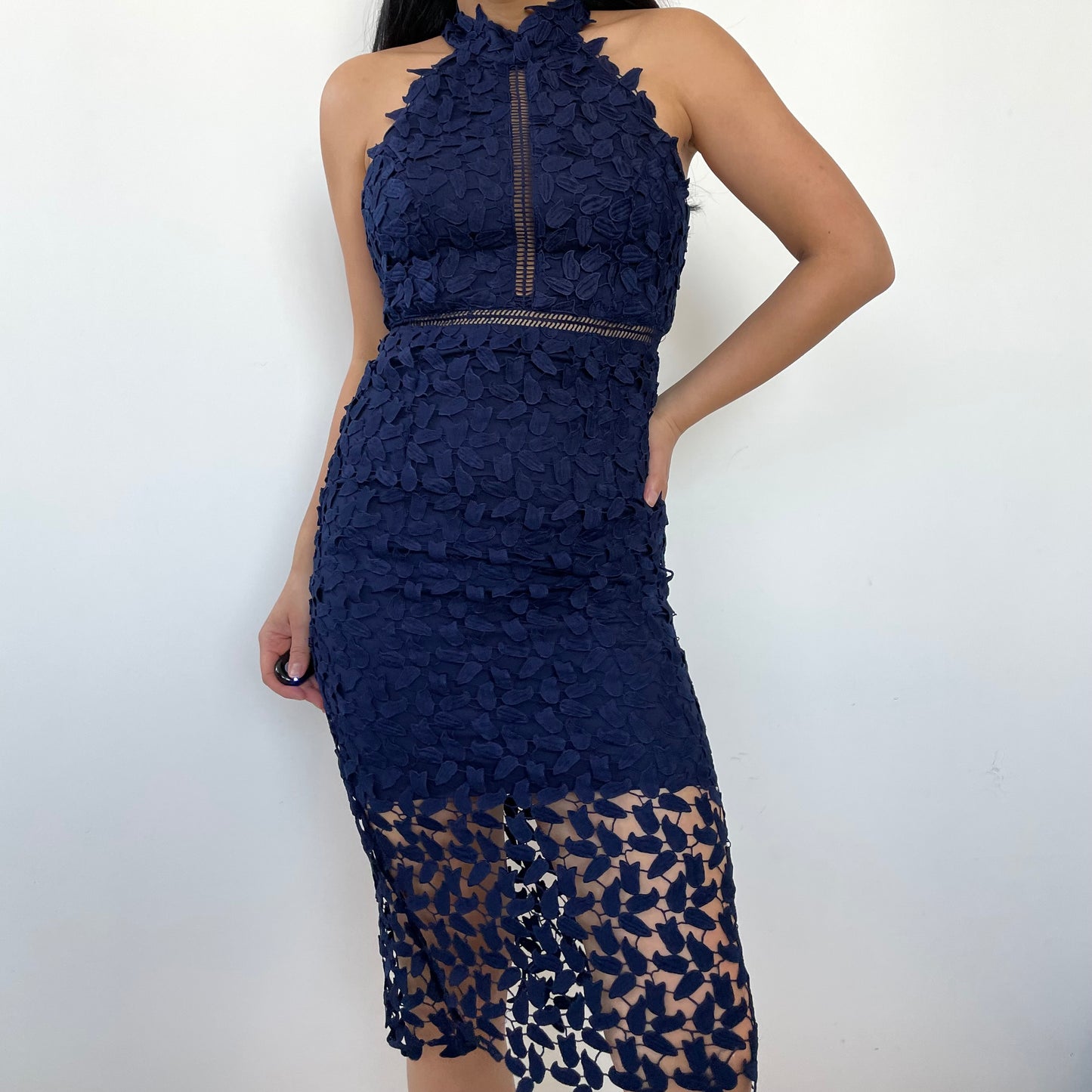 Bardot Dark Blue Lace Halter Cocktail Dress - Small