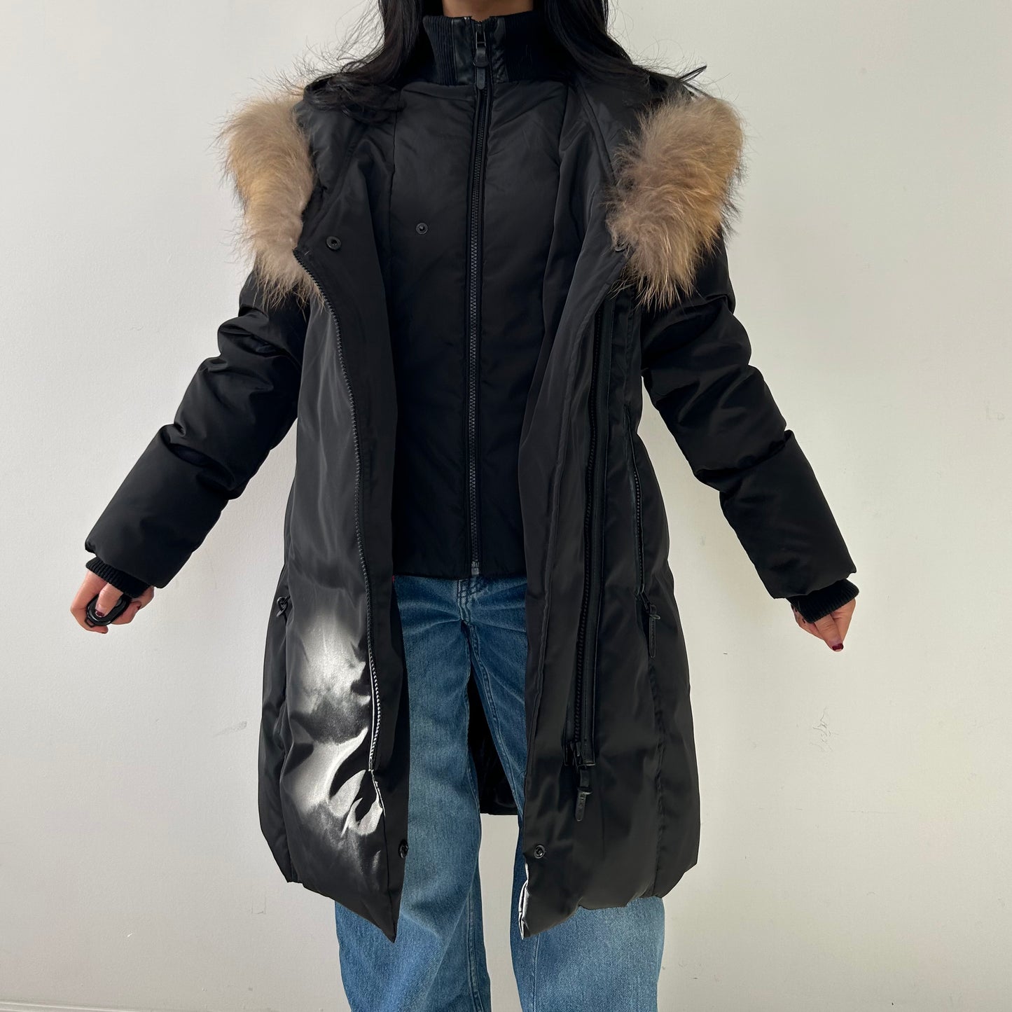 BNWT Atelier Noir by Rudsak Black Down Parka with Genuine Racoon Fur Trim - Medium