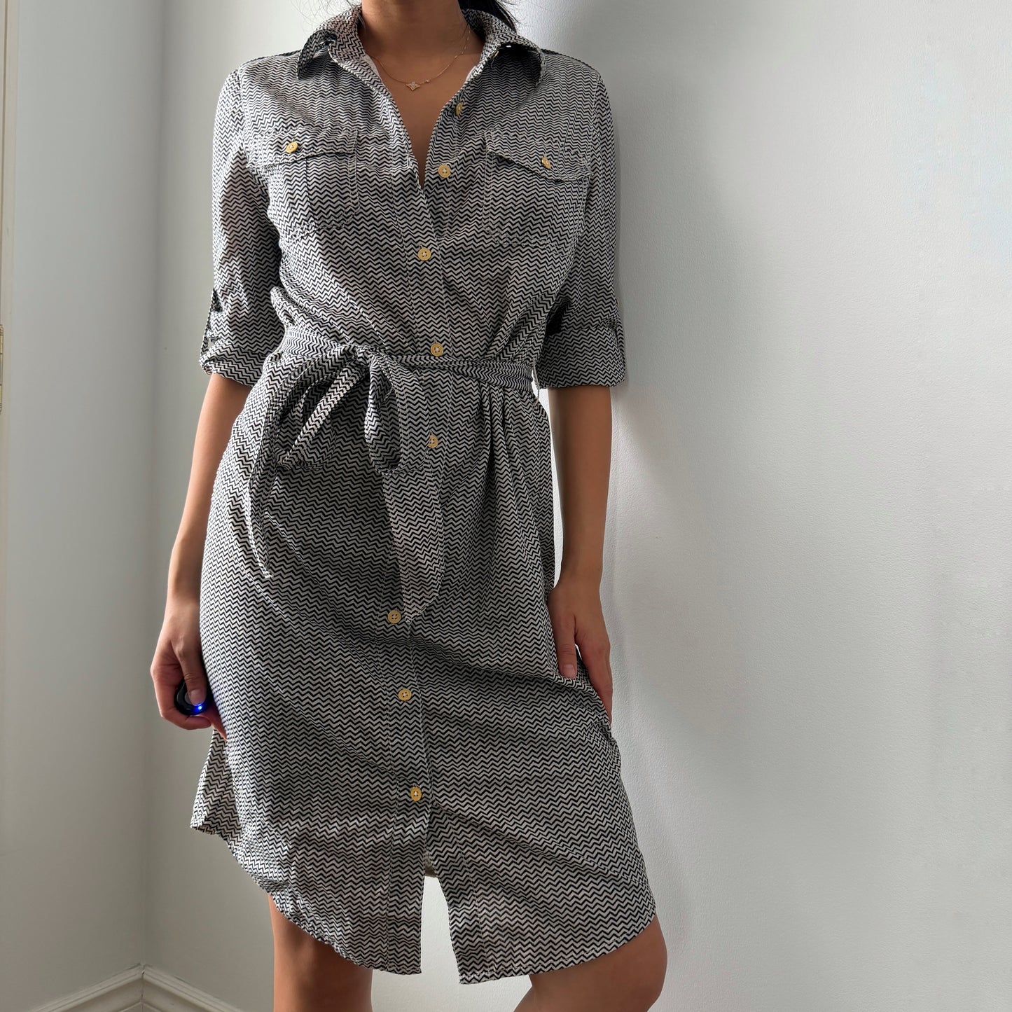 Tory Burch Black and White Chevron Belted Shirt Dress - Small