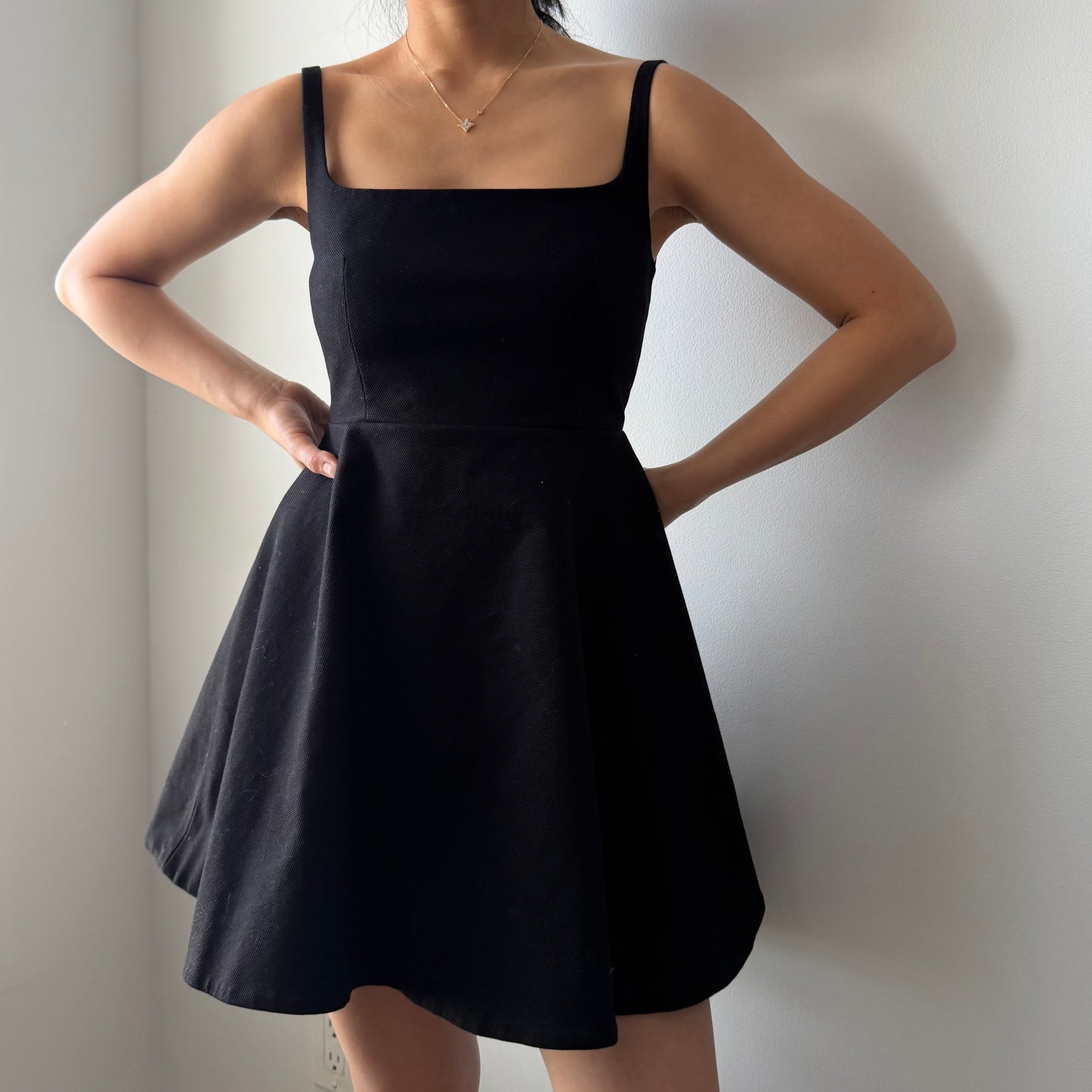 Theory Black Flared Mini Dress in Cotton Piqué - X-Small