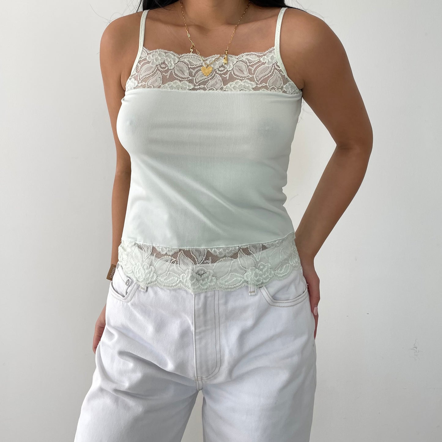 Pale Green Square Neck Lace Cami - Small