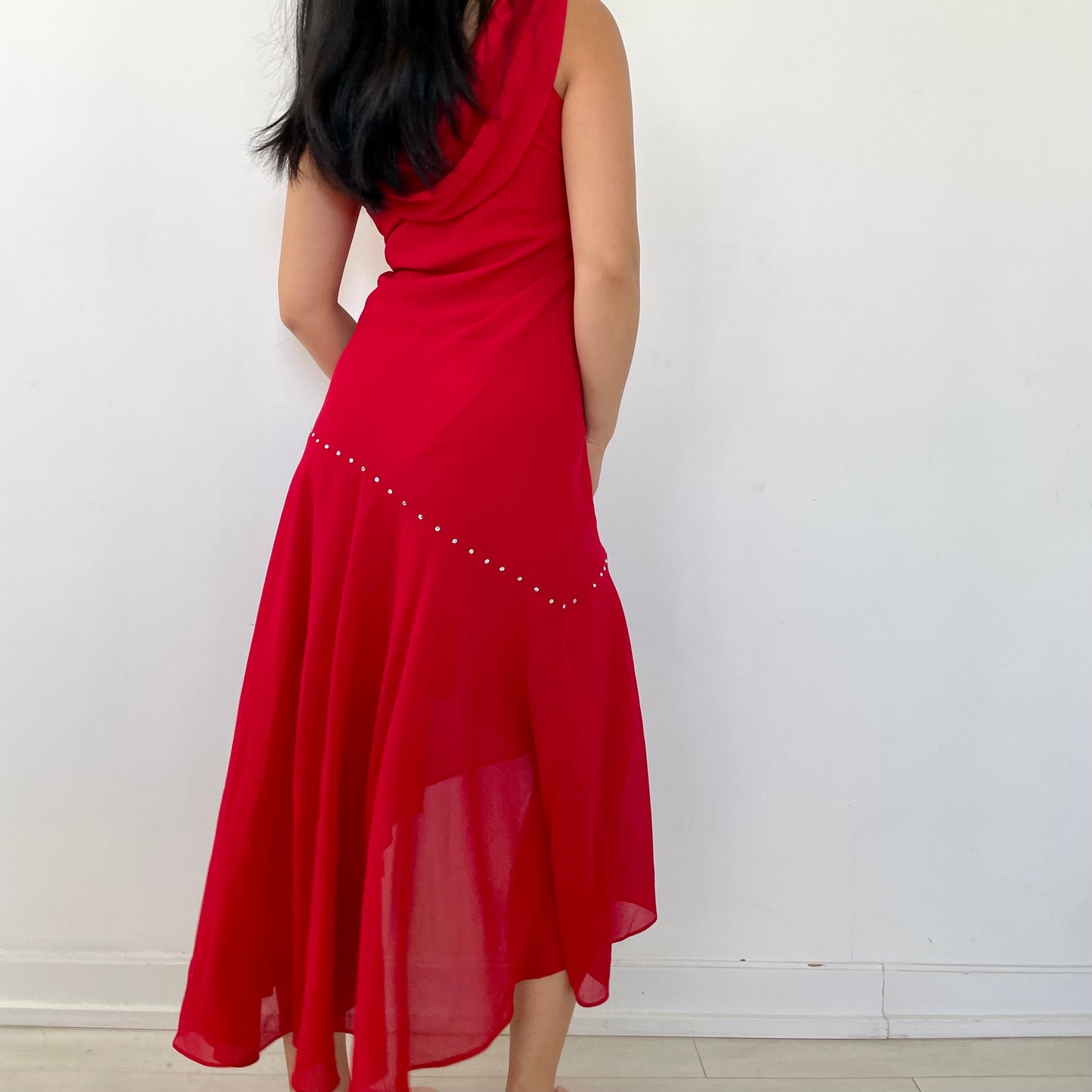 Vintage 1990s Made In USA Red Cowl Neck Dress - X-Small