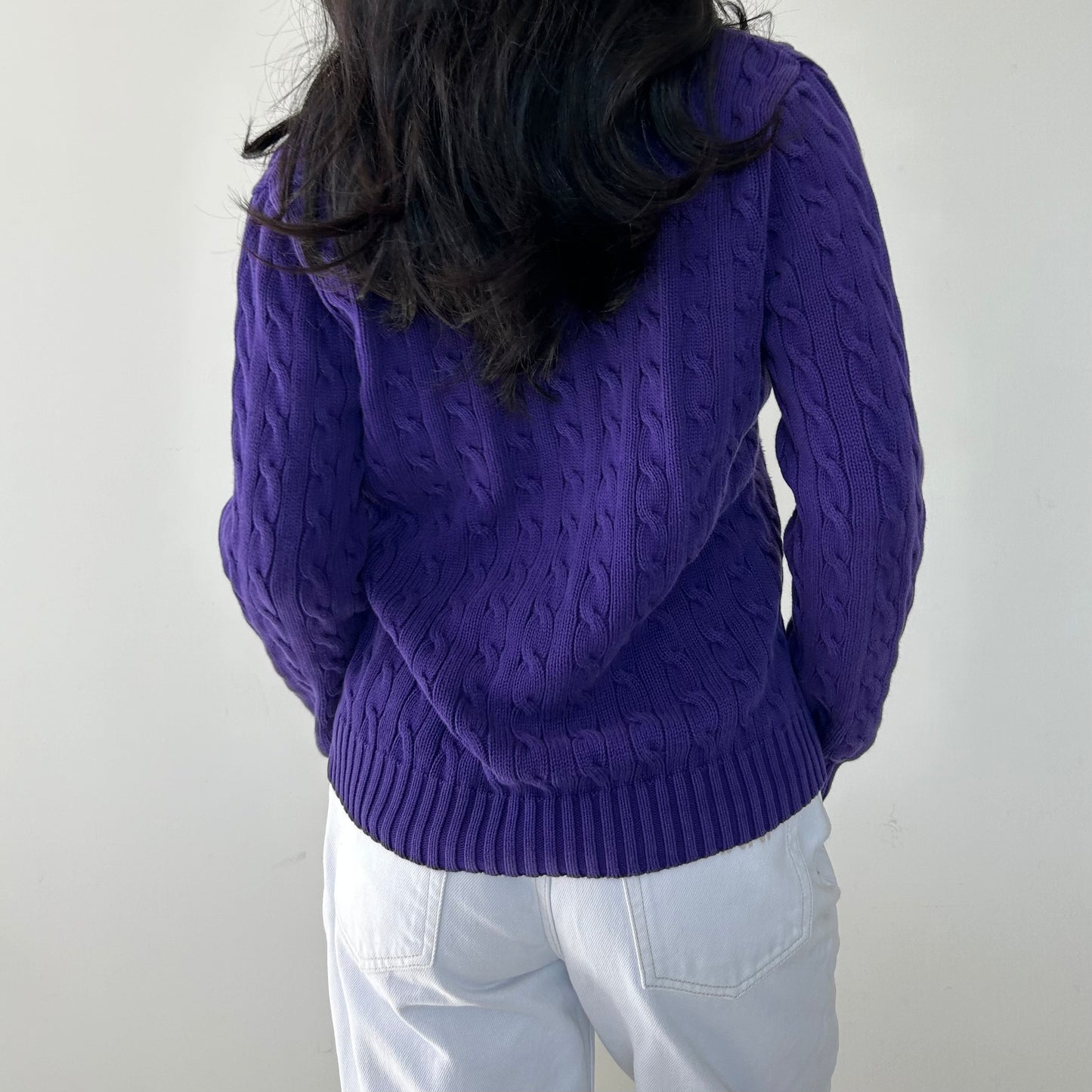 Ralph Lauren Sport Purple V-Neck Cable Knit Jumper - X-Large