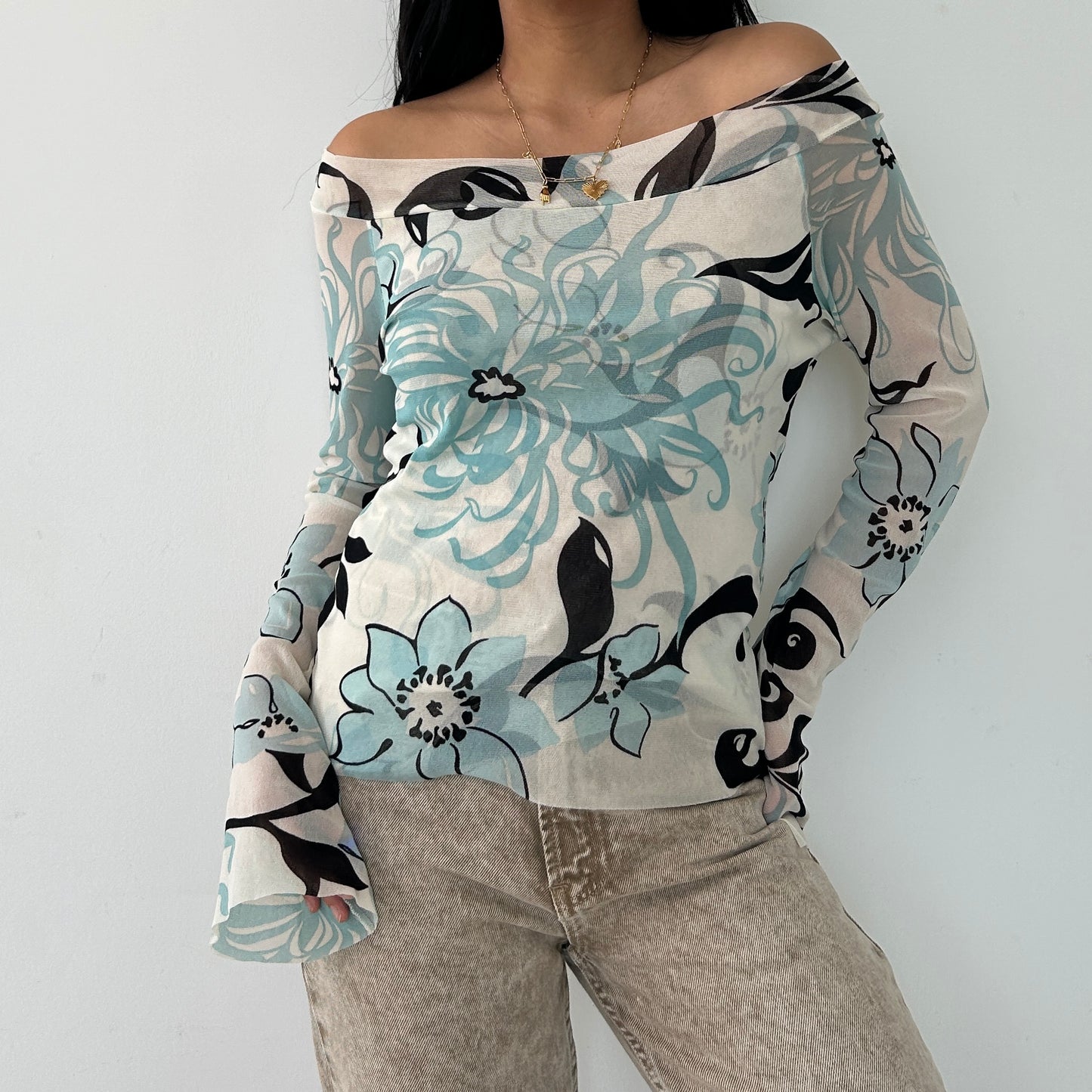 Cream and Blue Floral Mesh Long Sleeve Off Shoulder Top - Medium