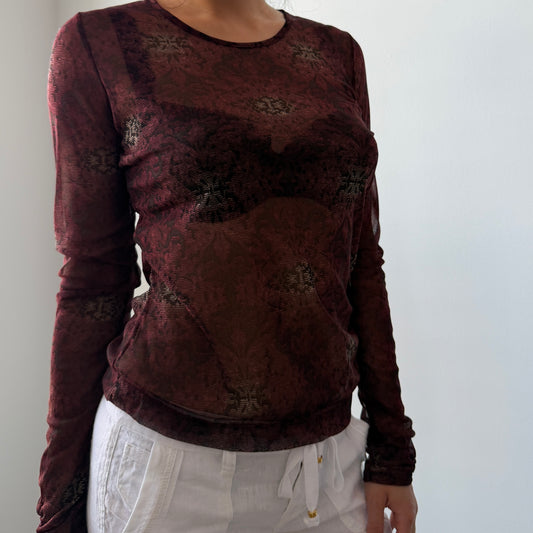 Mexx Burgundy Long Sleeve Snakeskin Print Mesh Top - Medium