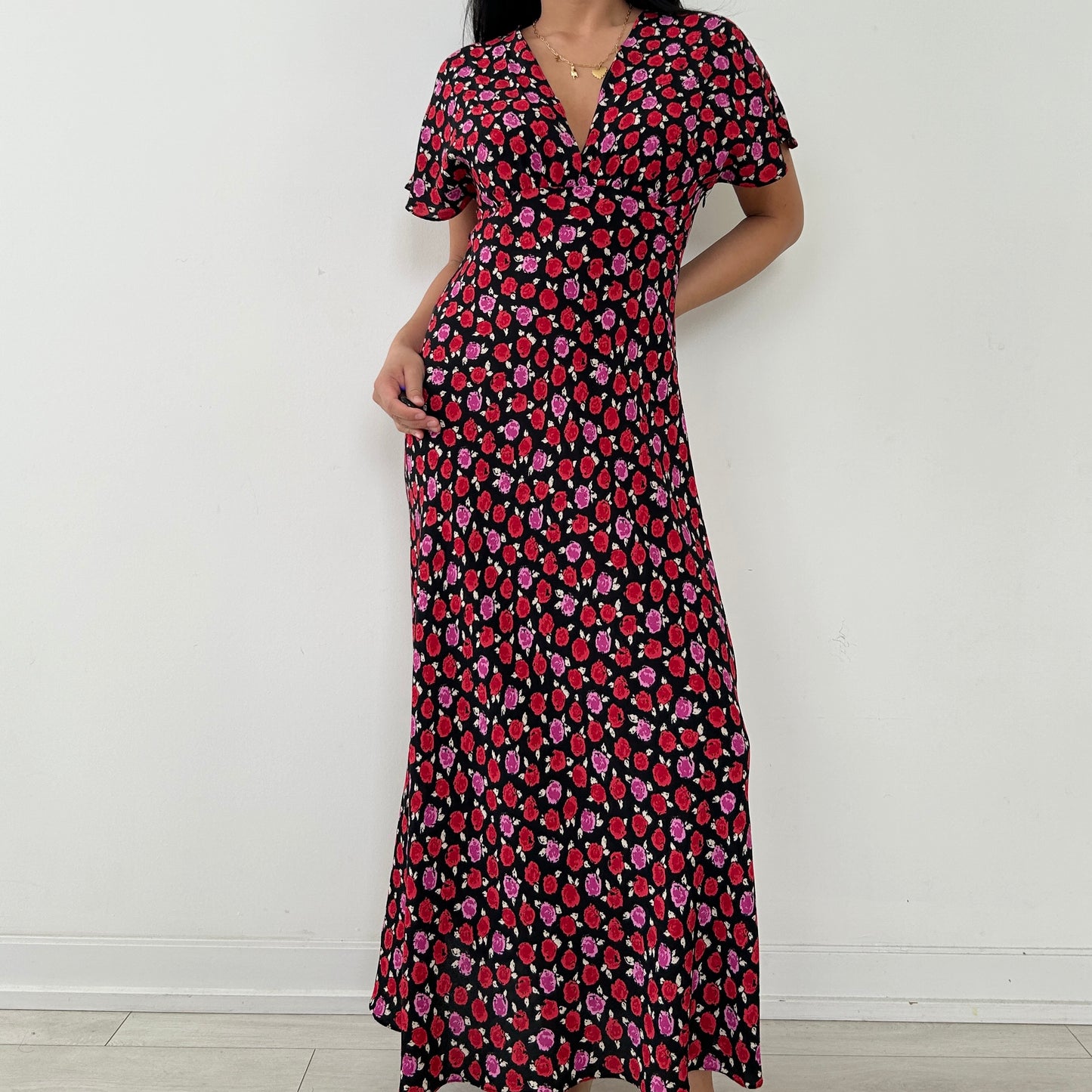 Zara Red Pink and Black Floral Print Maxi Dress - Small/Medium