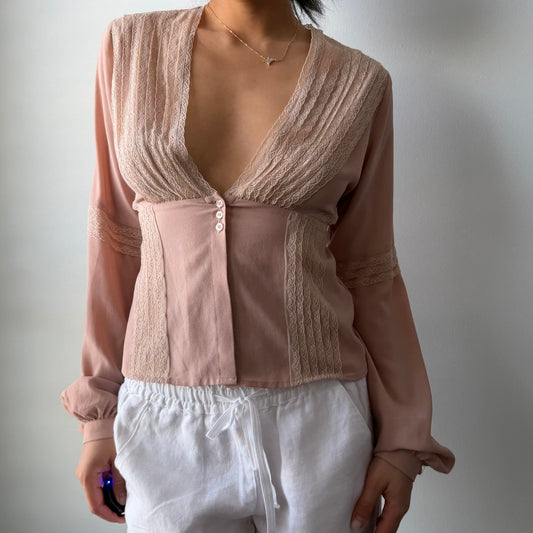 Old Label H&M Blush Long Sleeve Lace Blouse - Small