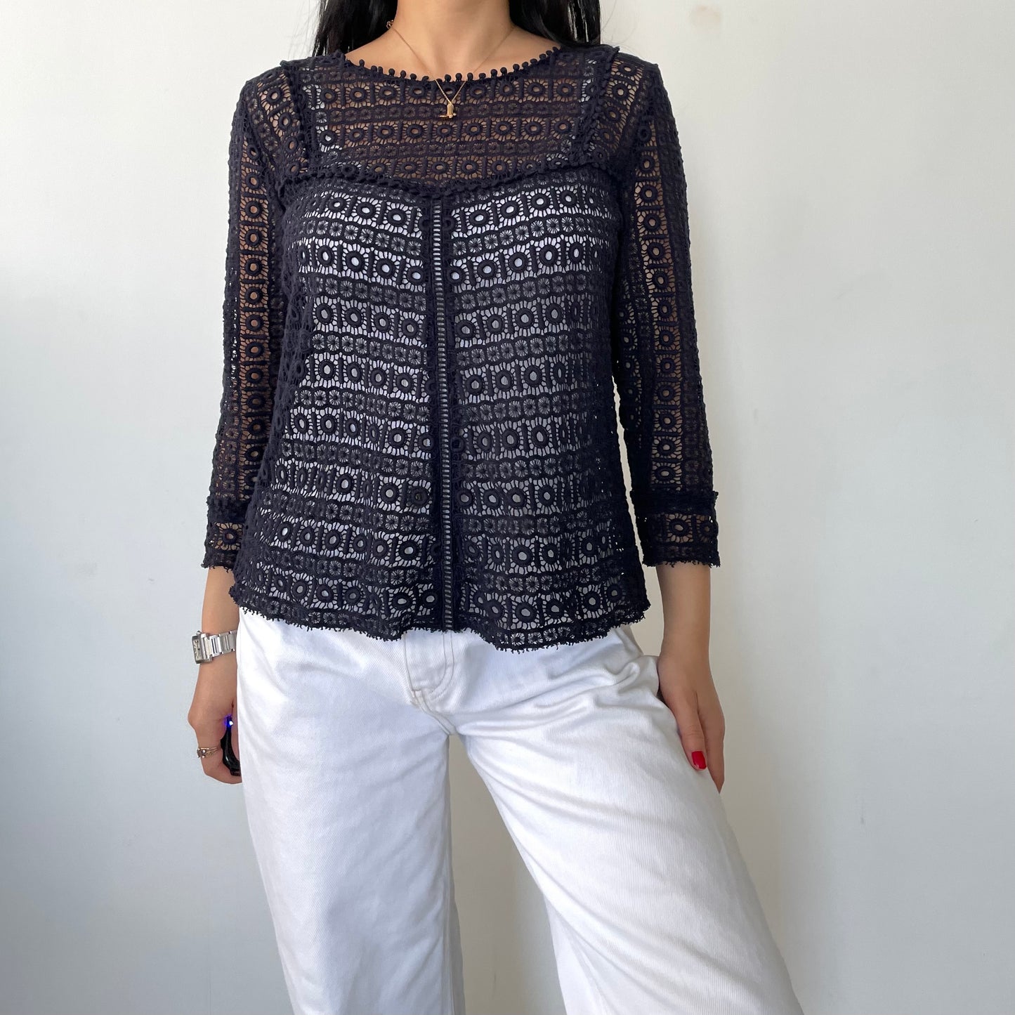 Sézane Navy 3/4 Sleeve Crochet Blouse - Medium