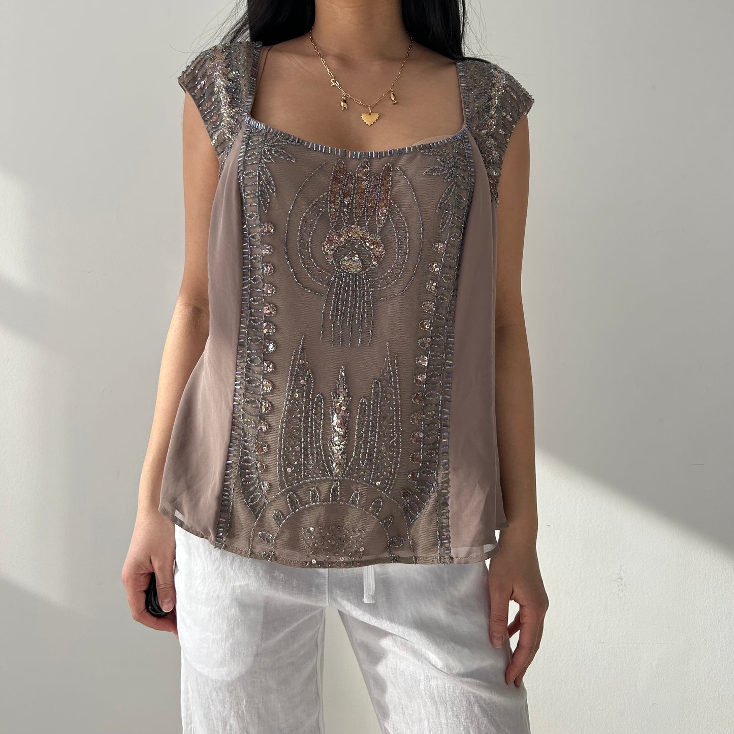 Taupe Embellished Cap-Sleeve Blouse - X-Large