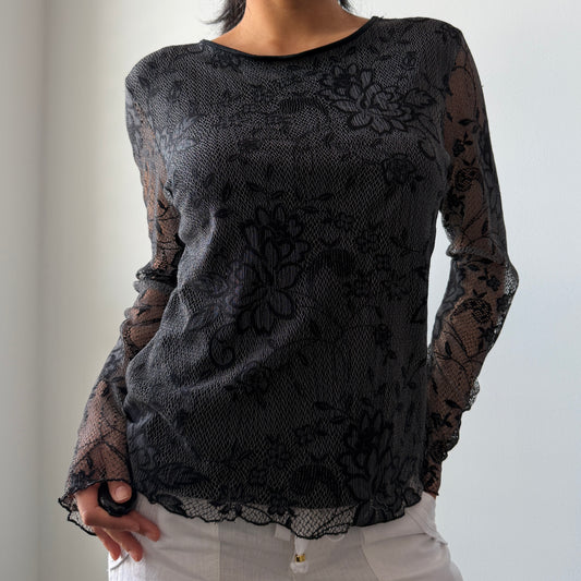 90s Made in Canada Papillon Blanc Black Floral Lace Long Sleeve Mesh Top - Medium