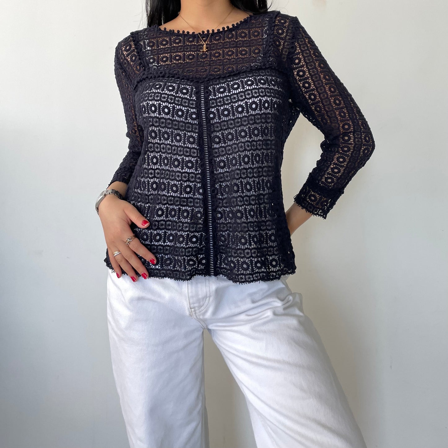 Sézane Navy 3/4 Sleeve Crochet Blouse - Medium