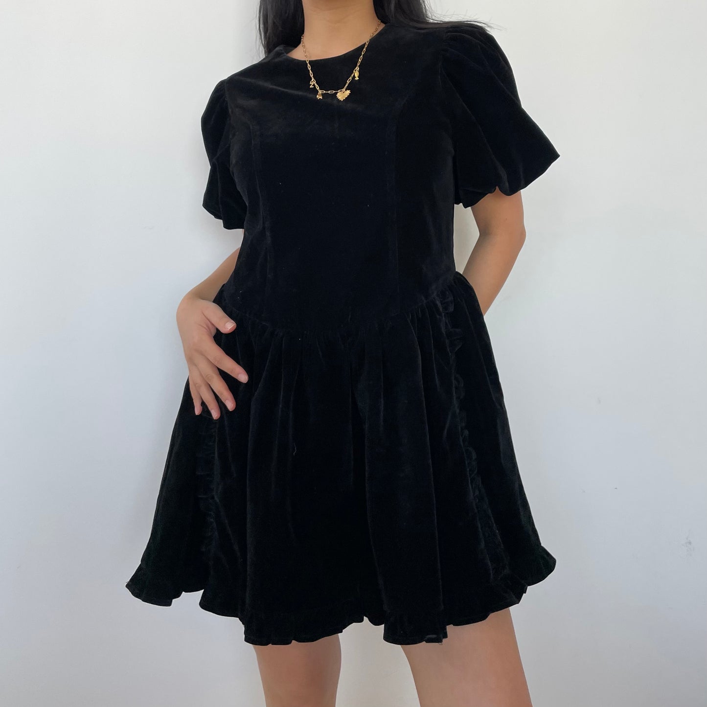 Black Velvet Short Sleeve Babydoll Dress - Small