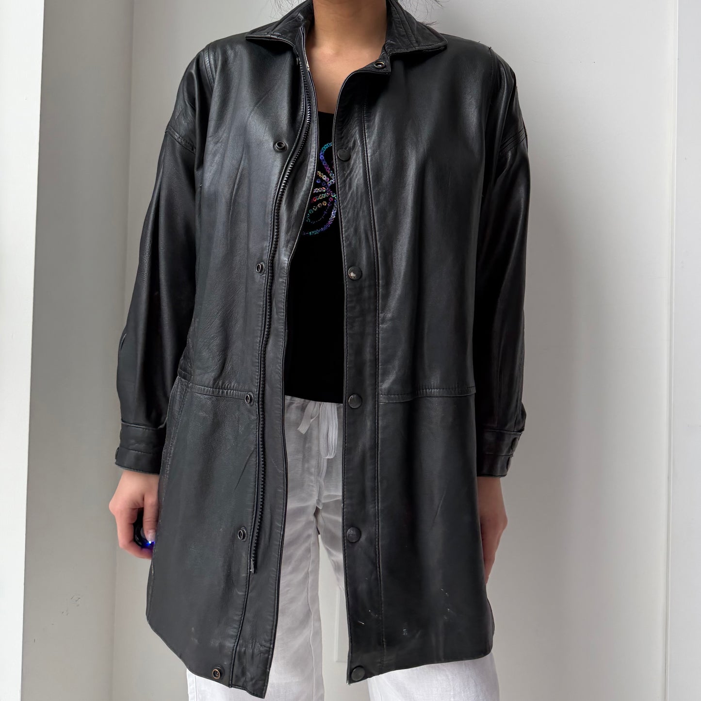 Oversized Black Leather Jacket - Small