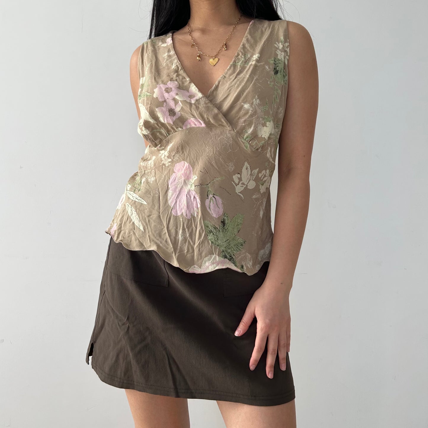 Beige Floral Silk Wrap Top - Medium