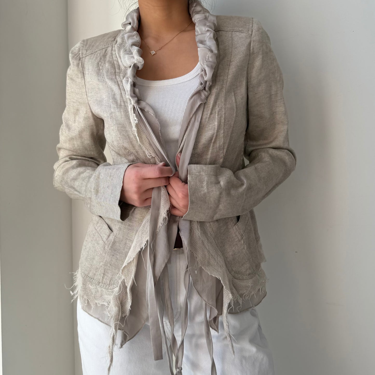 Bandolera Beige Linen Deconstructed Ruffle Jacket - Small