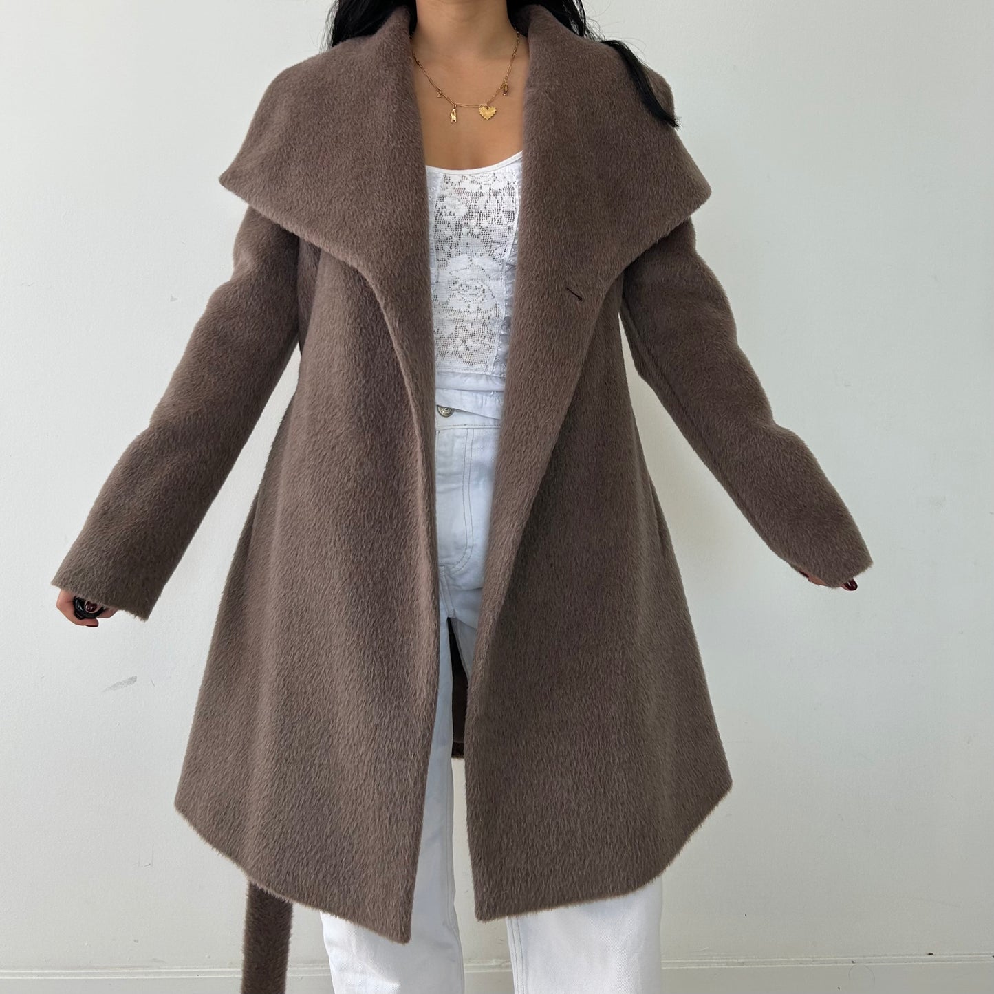 Dawn Levy Taupe Double Face Wool and Alpaca Wrap Coat - Medium