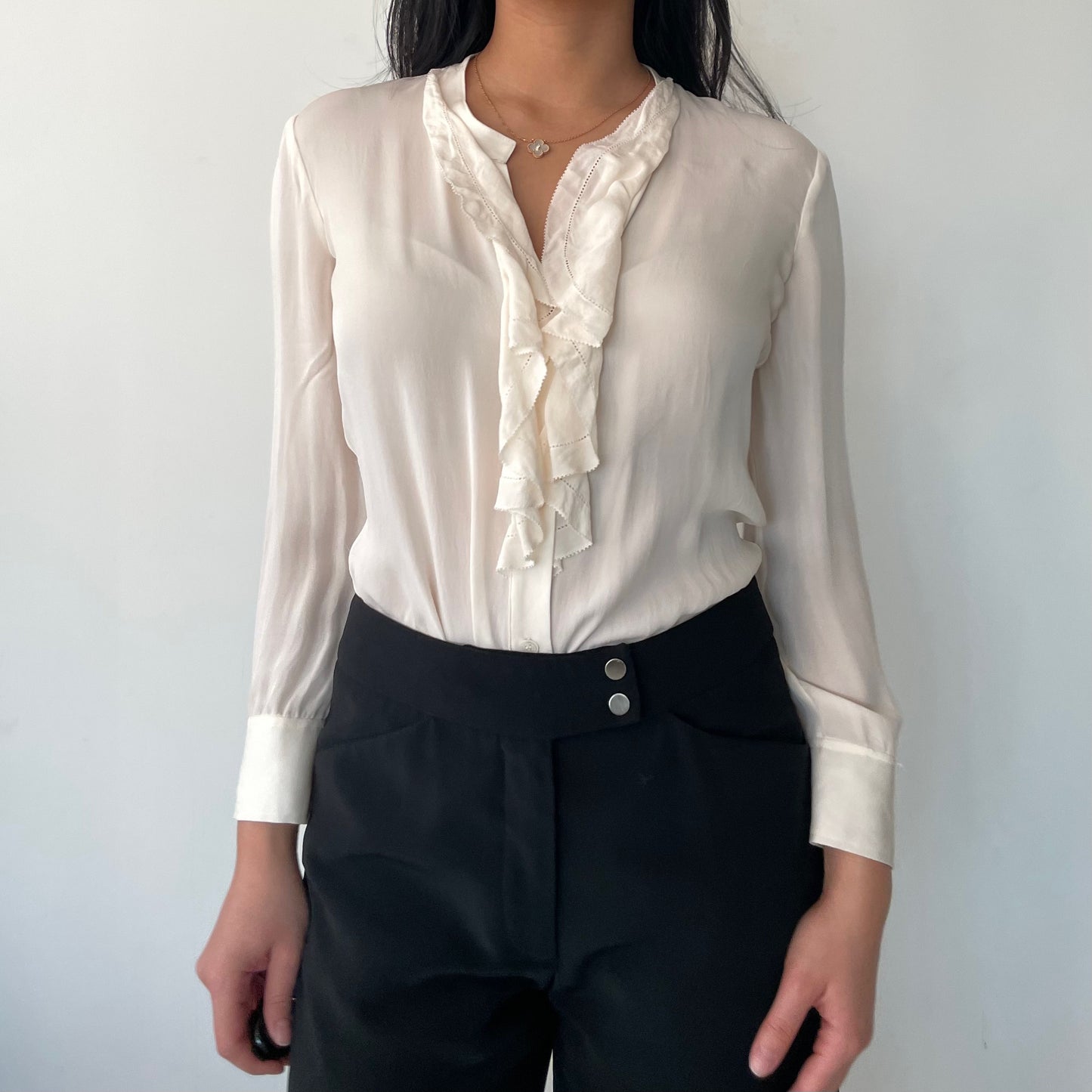 Theory White Ruffle Collar Silk Blouse - X-Small/Small