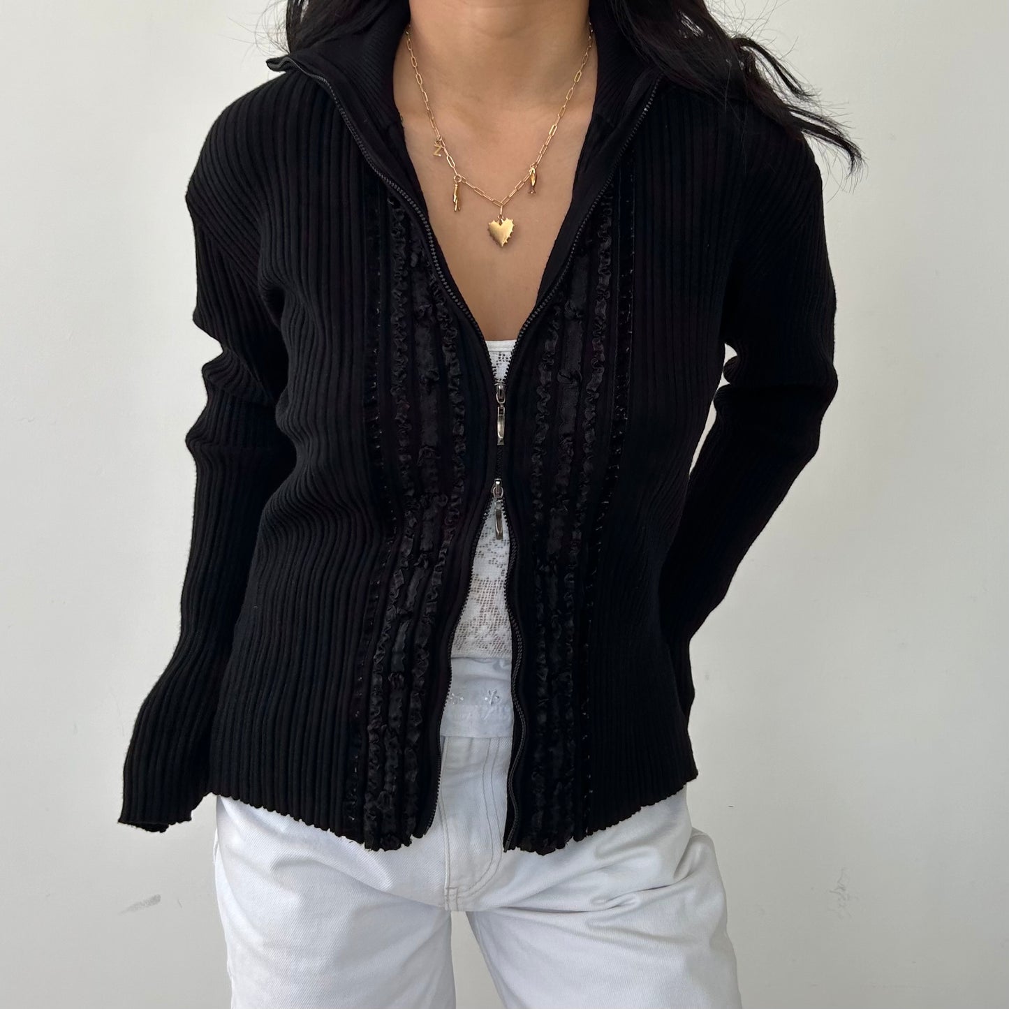 Black Double Zip Ribbed Knit Jacket - Large