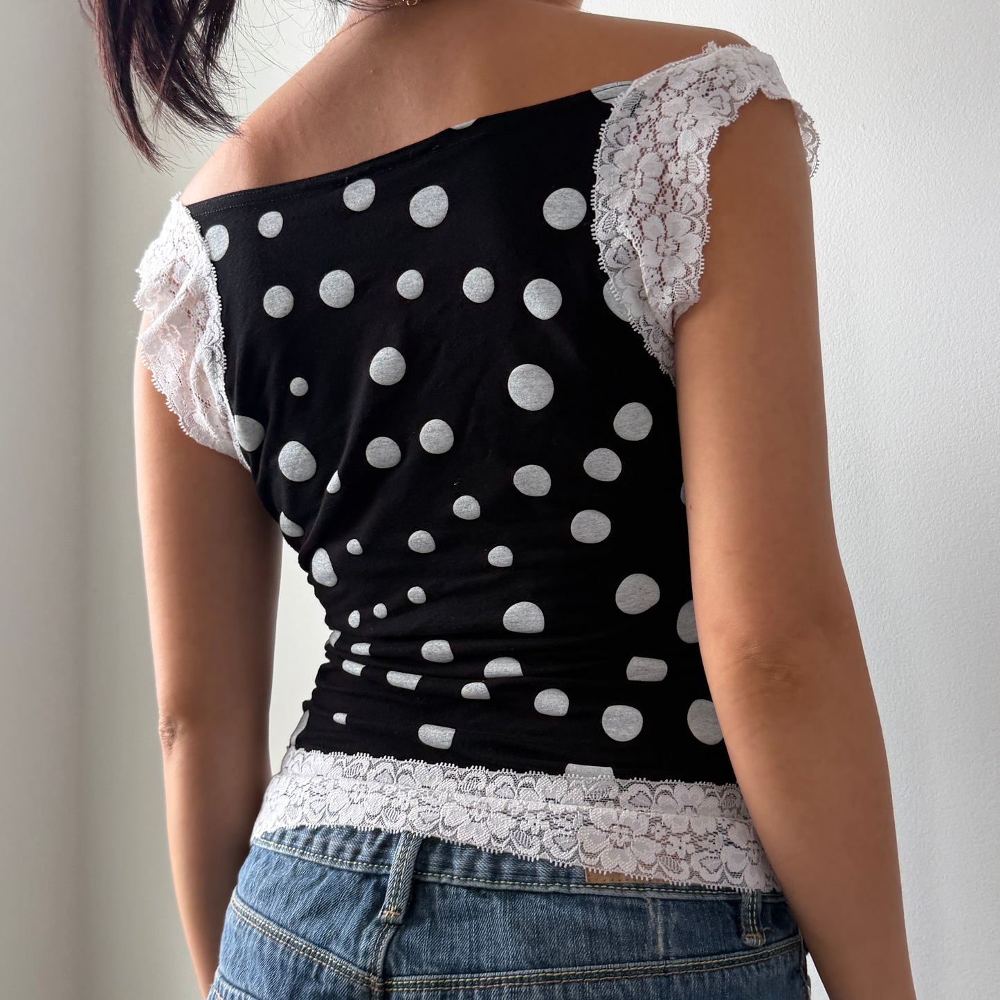 French Brand Black Polka-Dot Lace-Trim Top - Small