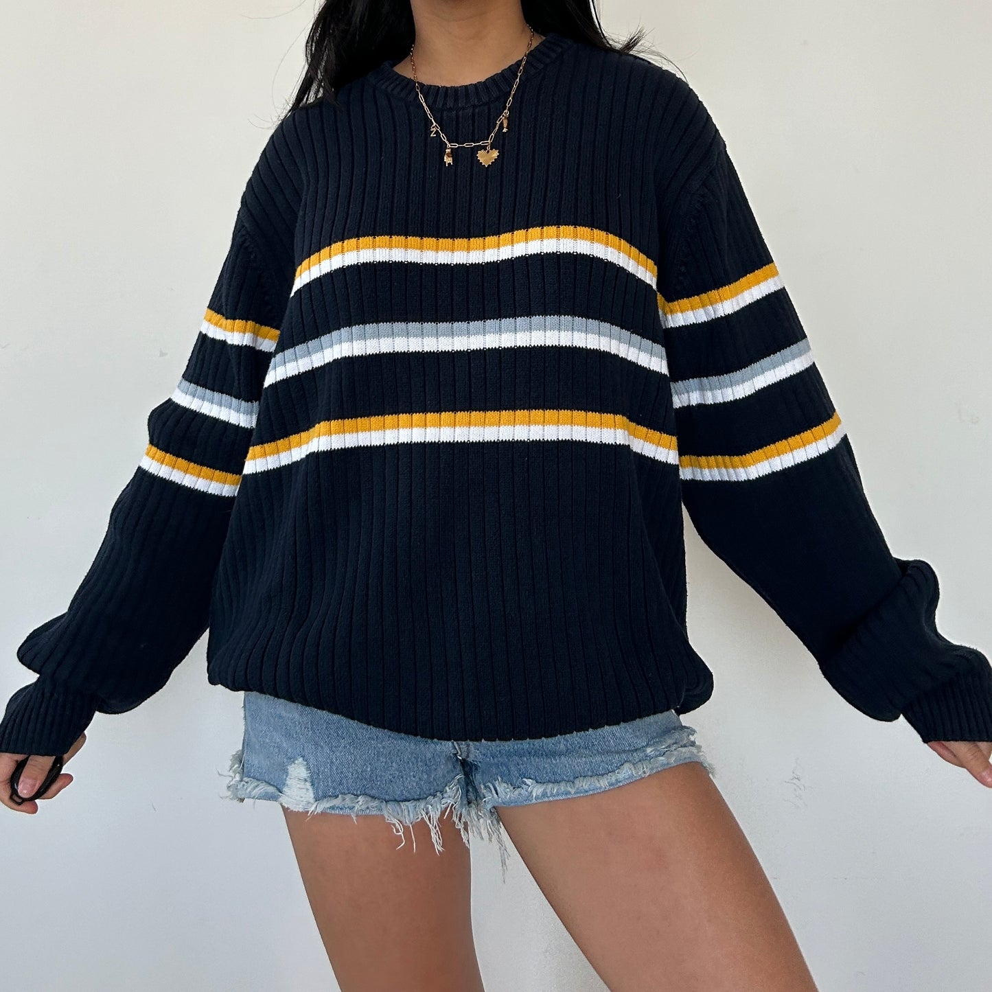 Vintage Chaps by Ralph Lauren Navy Ribbed Crewneck Knit Jumper - Large