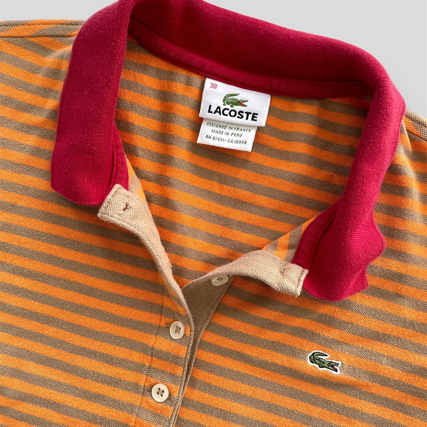 Lacoste Orange and Brown Striped 3/4 Sleeve Polo Shirt - Medium